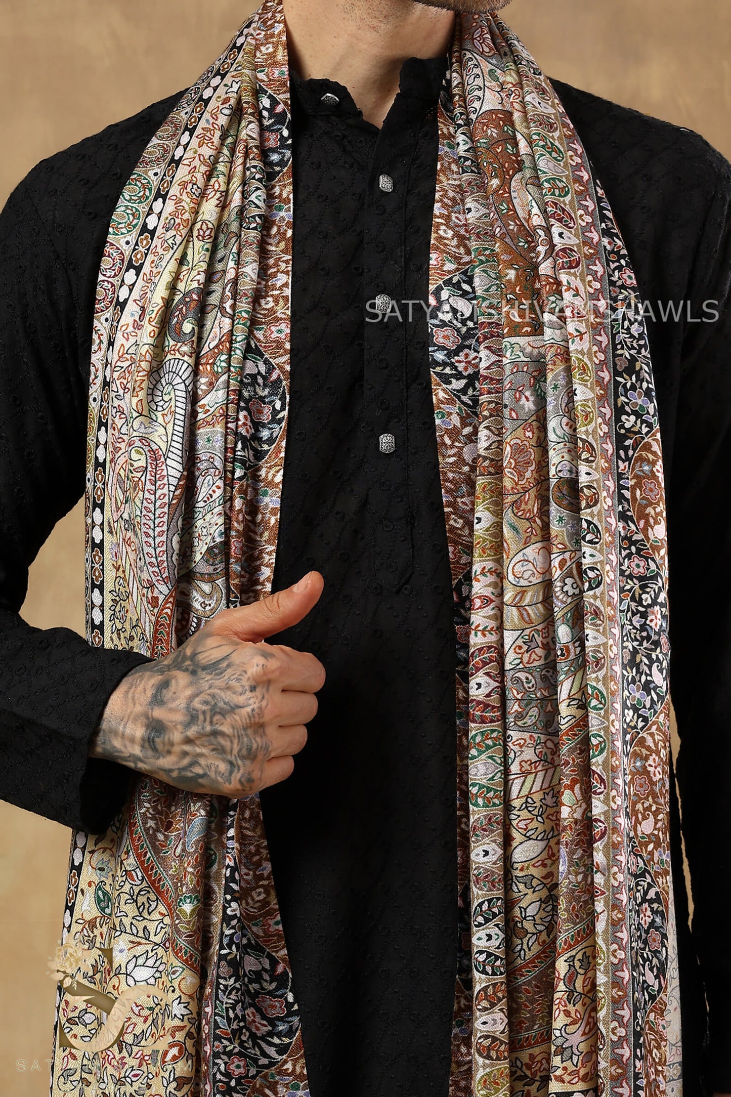 PAISLEY KALAMKARI MENS FINE SOFT SILK WOOL PRINT STOLE,BEIGE CAMEL