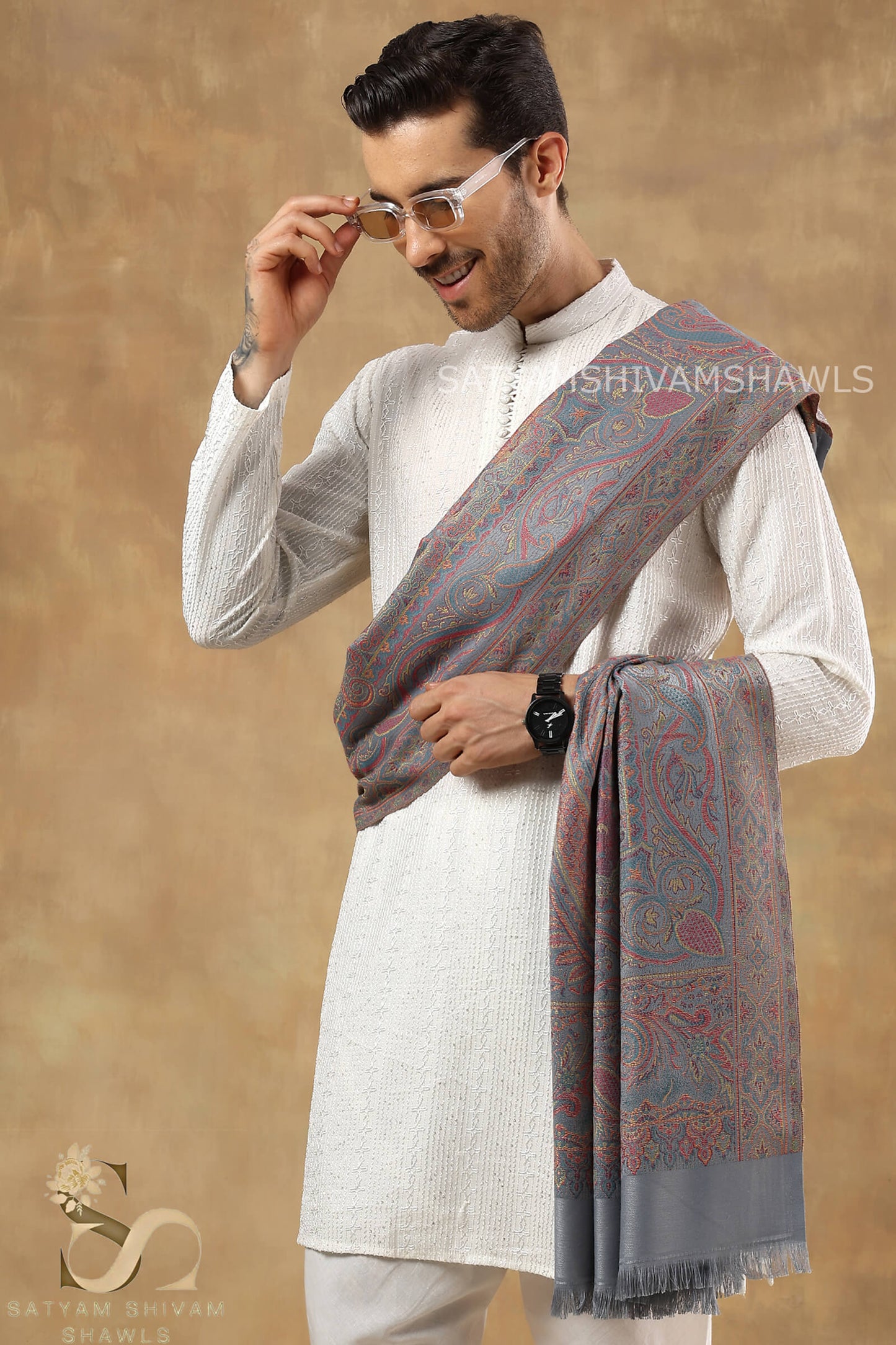 PURE WOOL ETHNIC KANI WEAVED SHAWL,WARM AND SOFT,GREY
