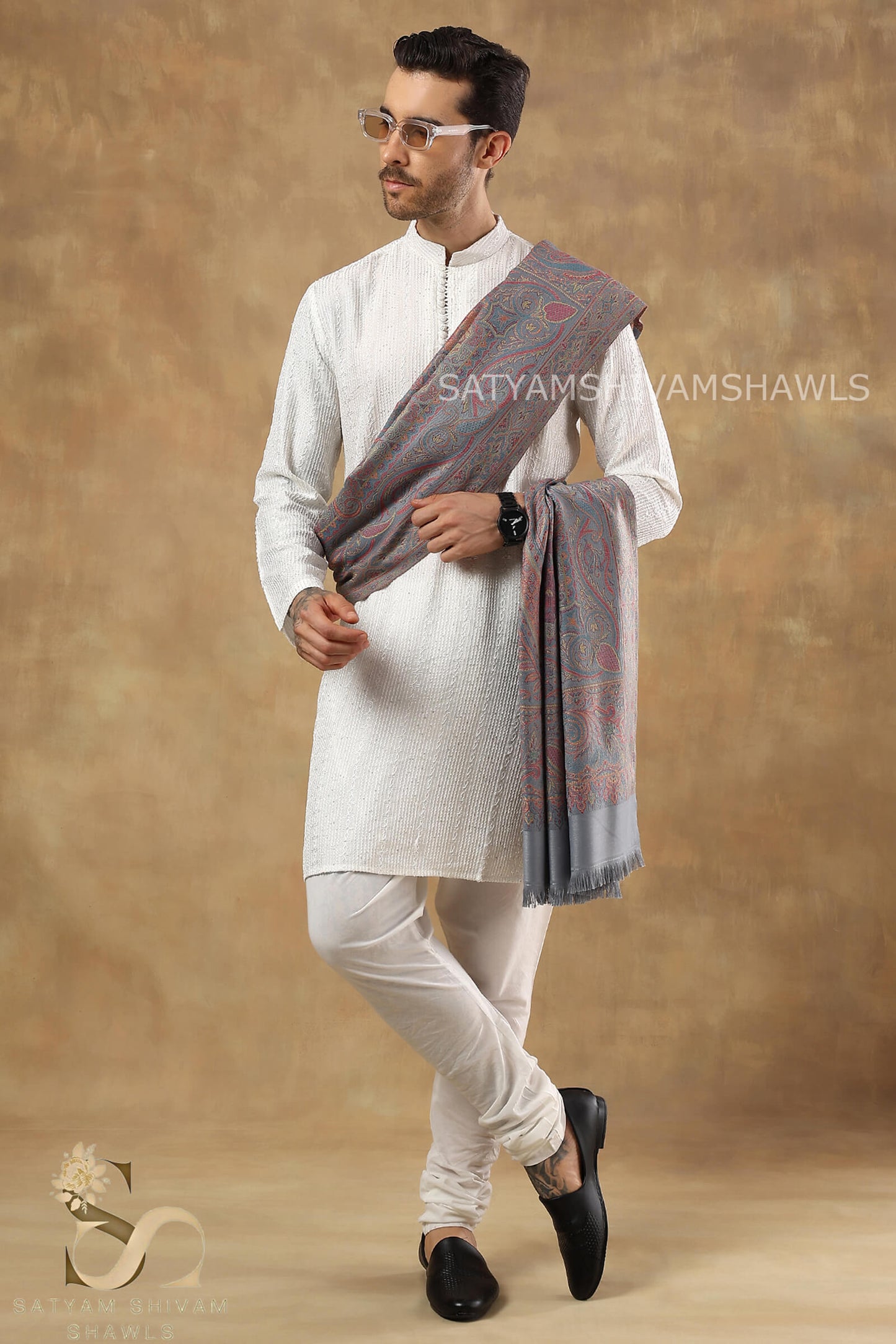 PURE WOOL ETHNIC KANI WEAVED SHAWL,WARM AND SOFT,GREY
