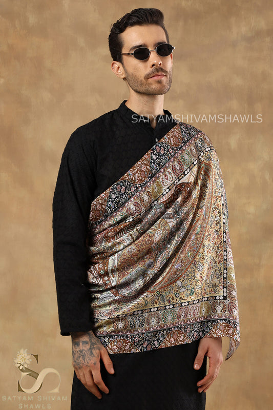PAISLEY KALAMKARI MENS FINE SOFT SILK WOOL PRINT STOLE,BEIGE CAMEL
