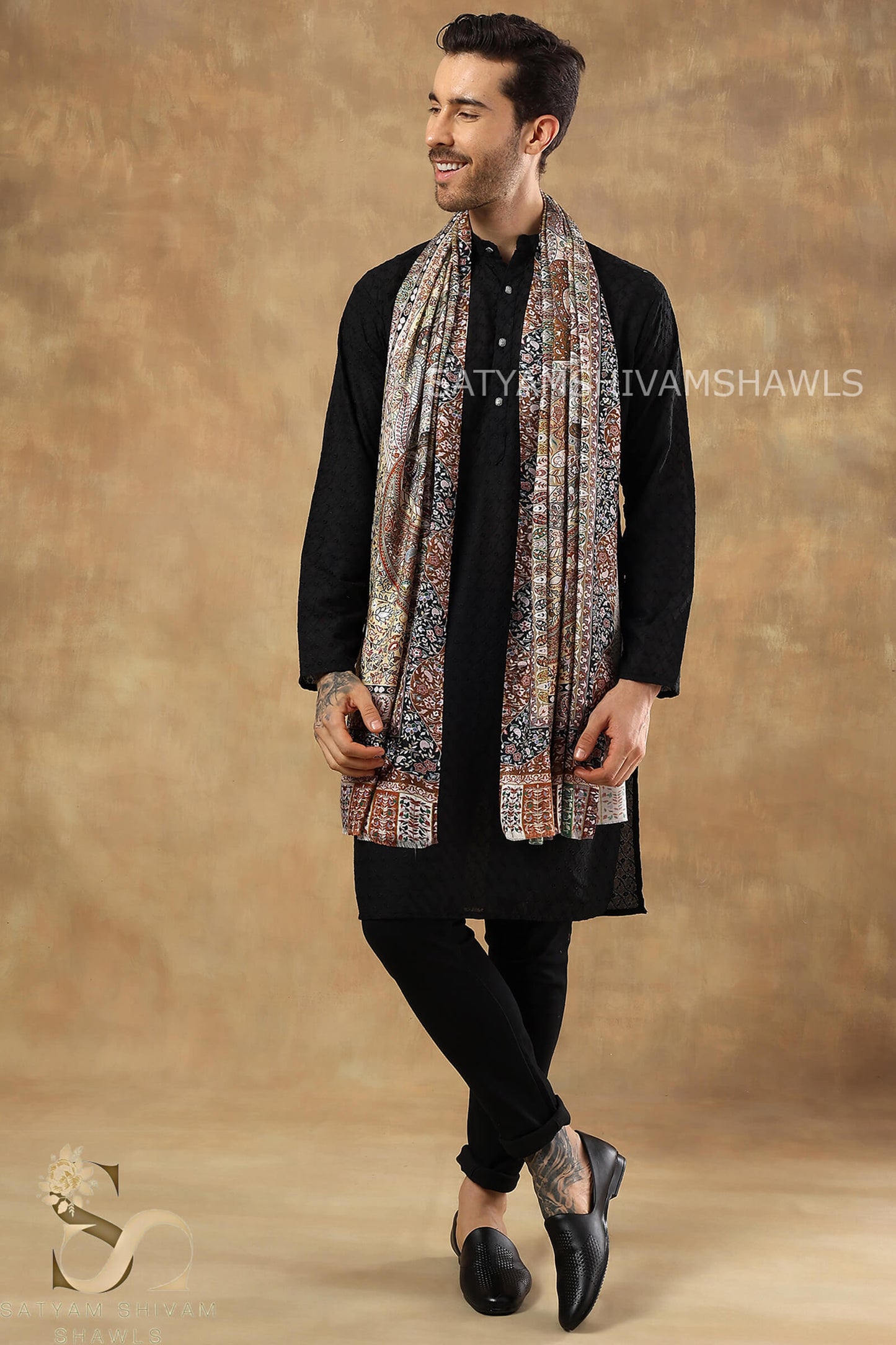 PAISLEY KALAMKARI MENS FINE SOFT SILK WOOL PRINT STOLE,BEIGE CAMEL