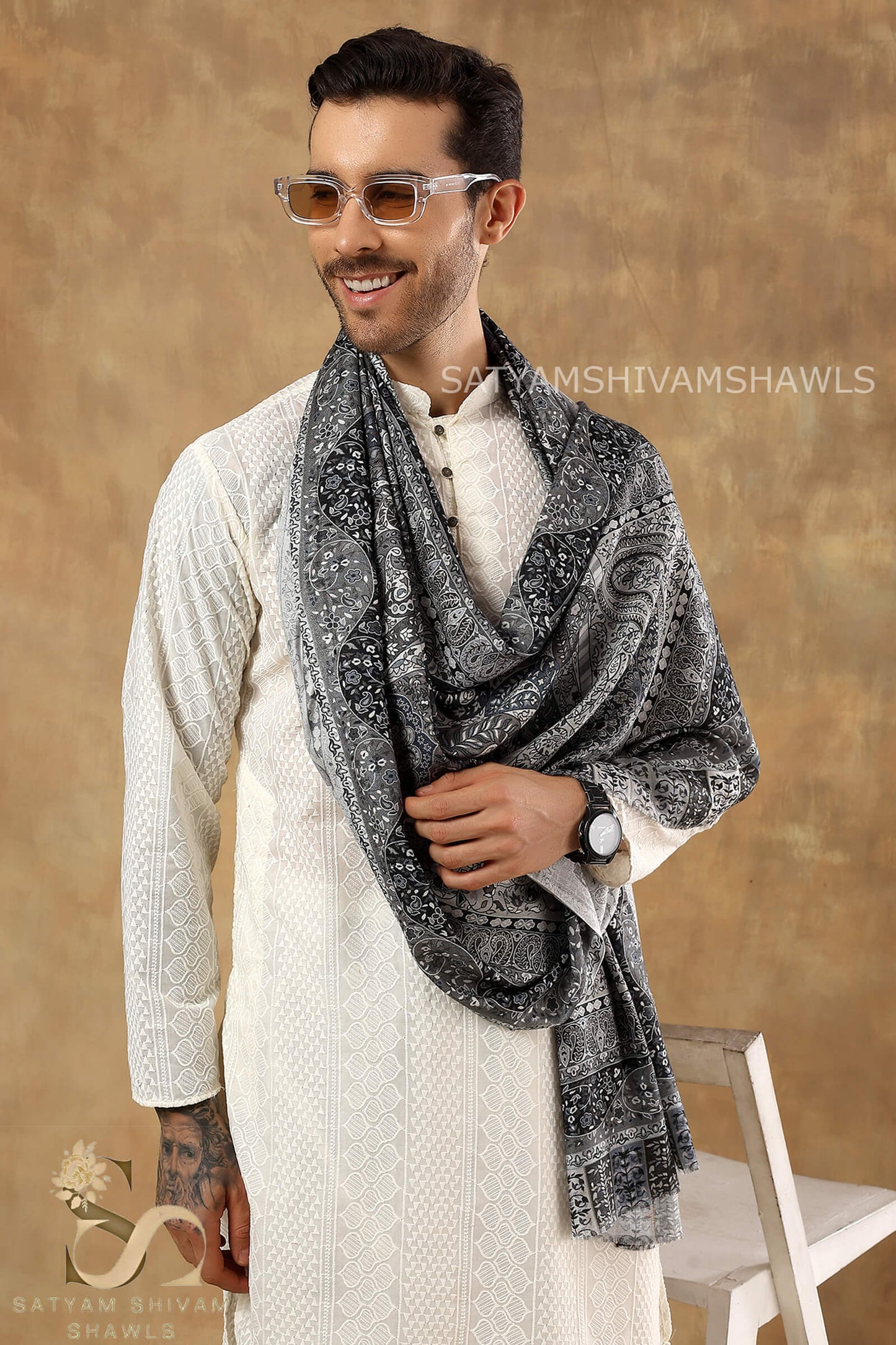 PAISLEY KALAMKARI MENS FINE SOFT SILK WOOL PRINT STOLE,BLACK GREY