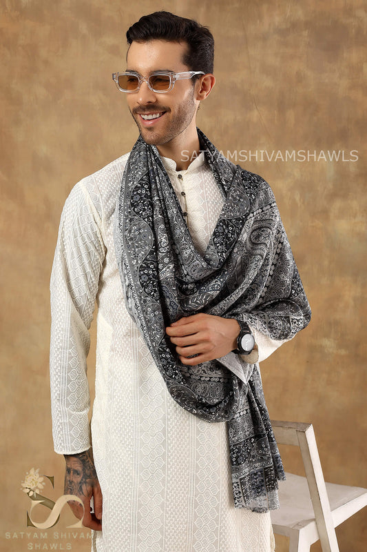 PAISLEY KALAMKARI MENS FINE SOFT SILK WOOL PRINT STOLE,BLACK GREY