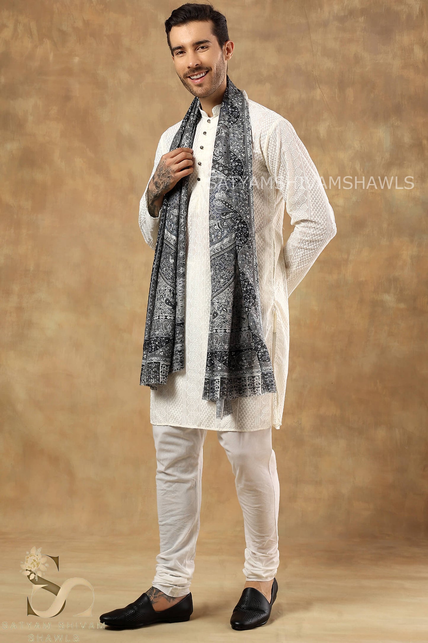 PAISLEY KALAMKARI MENS FINE SOFT SILK WOOL PRINT STOLE,BLACK GREY