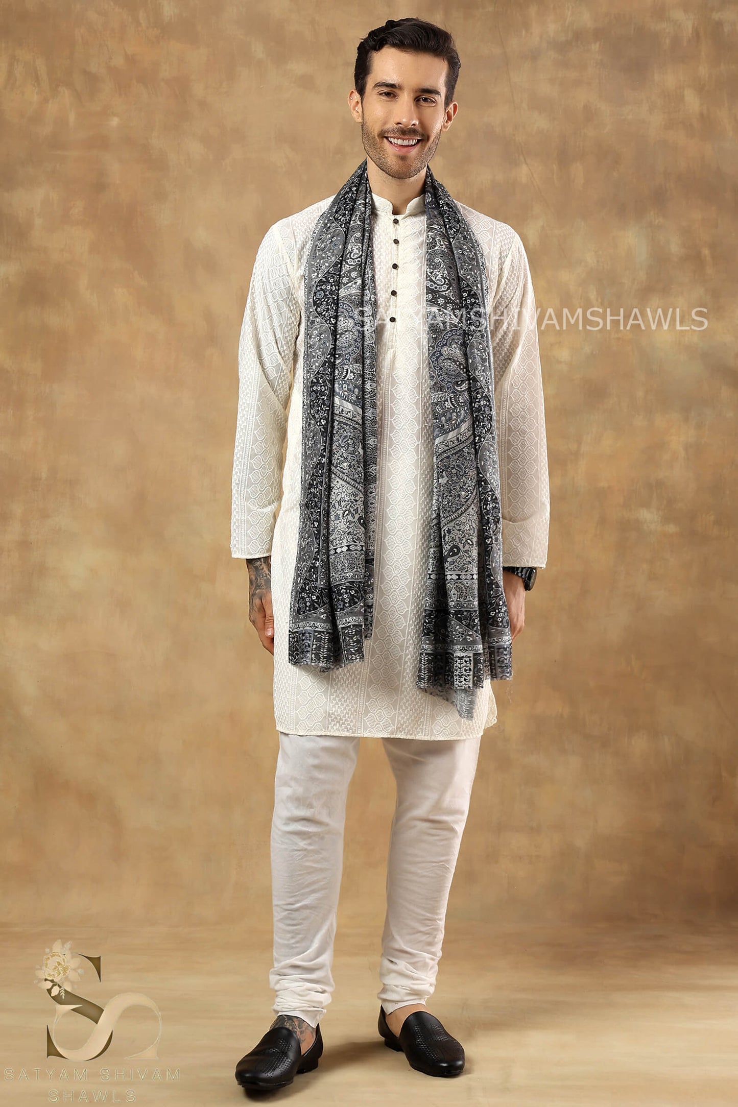 PAISLEY KALAMKARI MENS FINE SOFT SILK WOOL PRINT STOLE,BLACK GREY