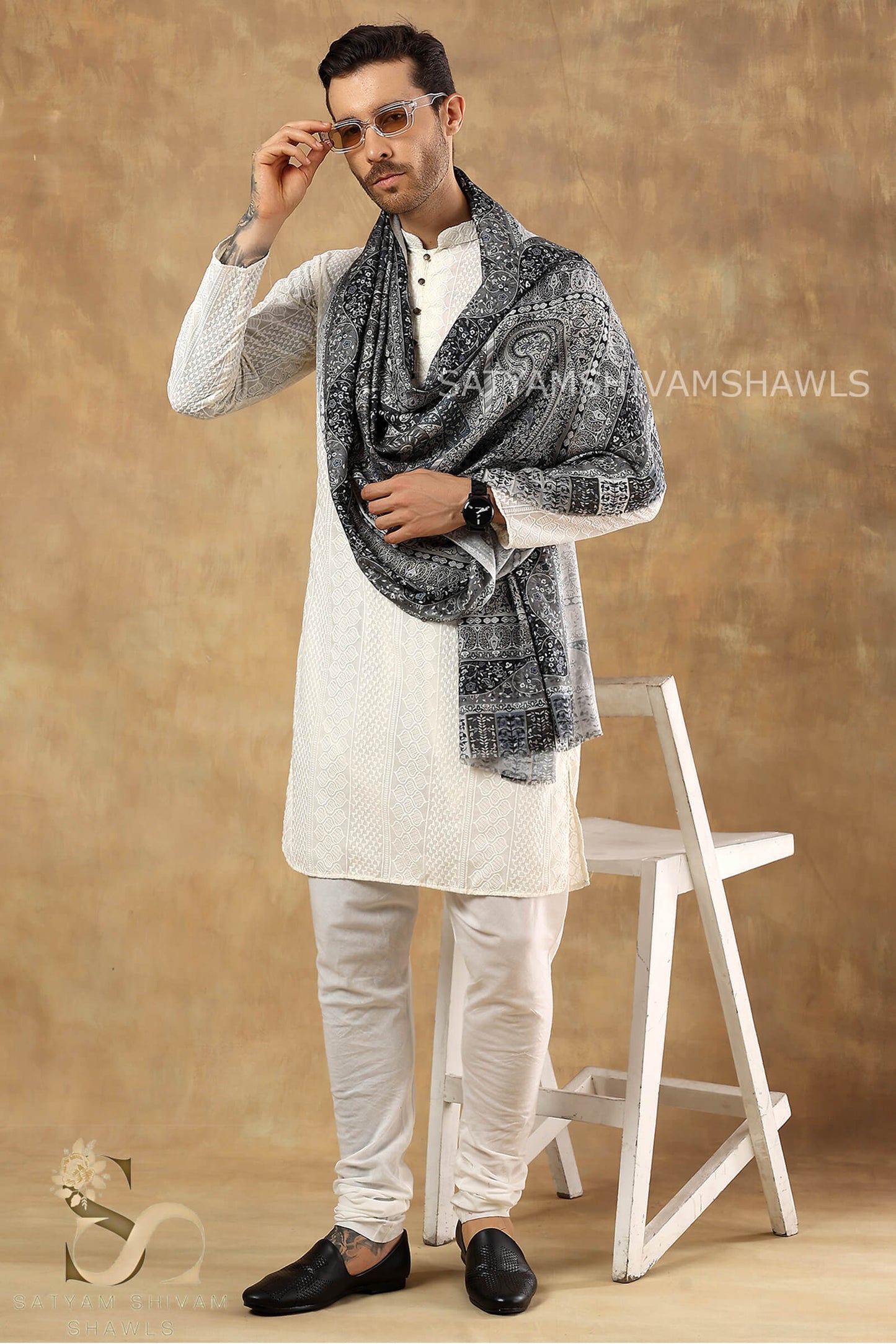 PAISLEY KALAMKARI MENS FINE SOFT SILK WOOL PRINT STOLE,BLACK GREY