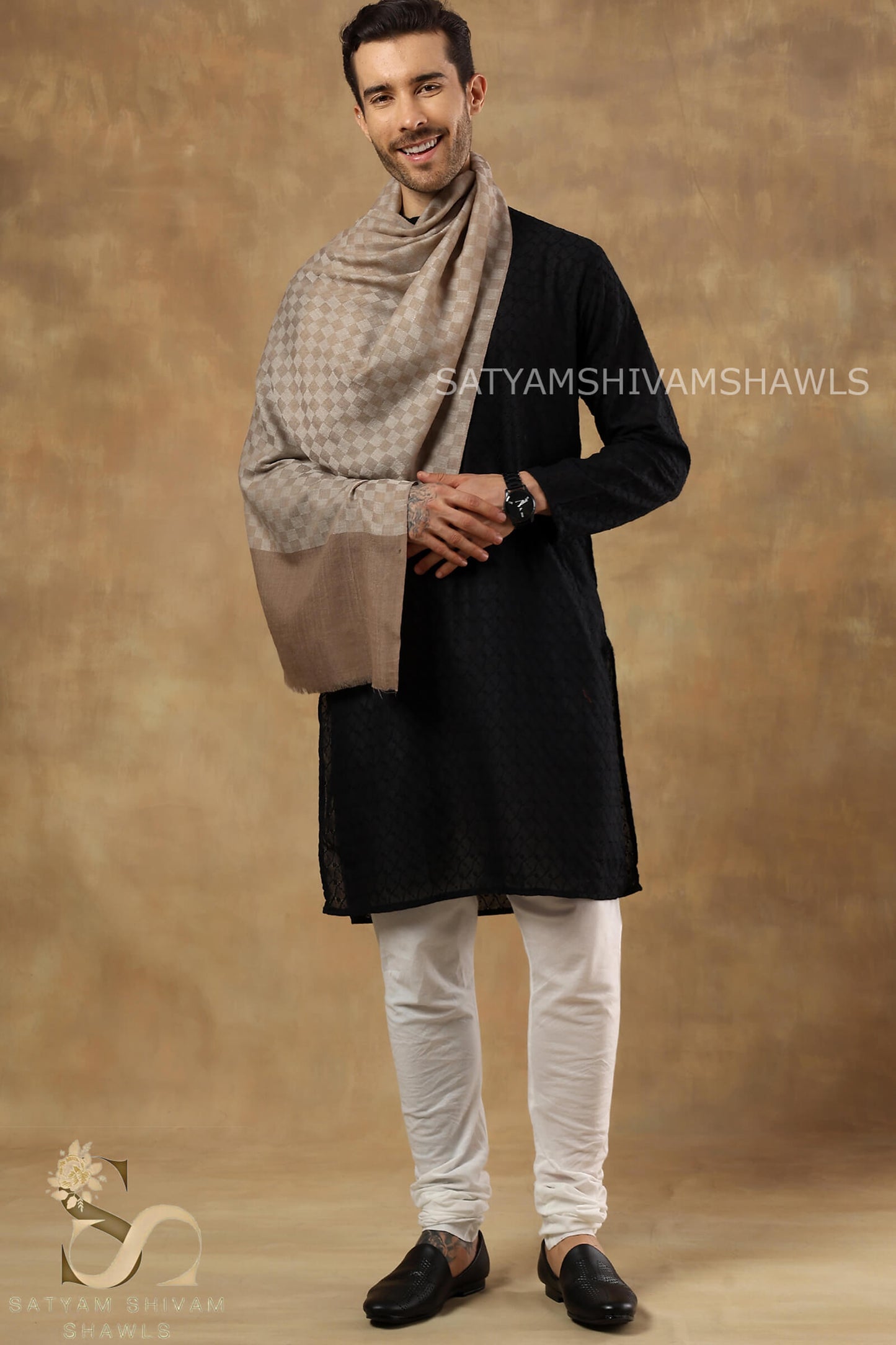 EXTRA FINE WOOL MIST CHECK MENS STOLE, CAMELTOOSH COLOUR