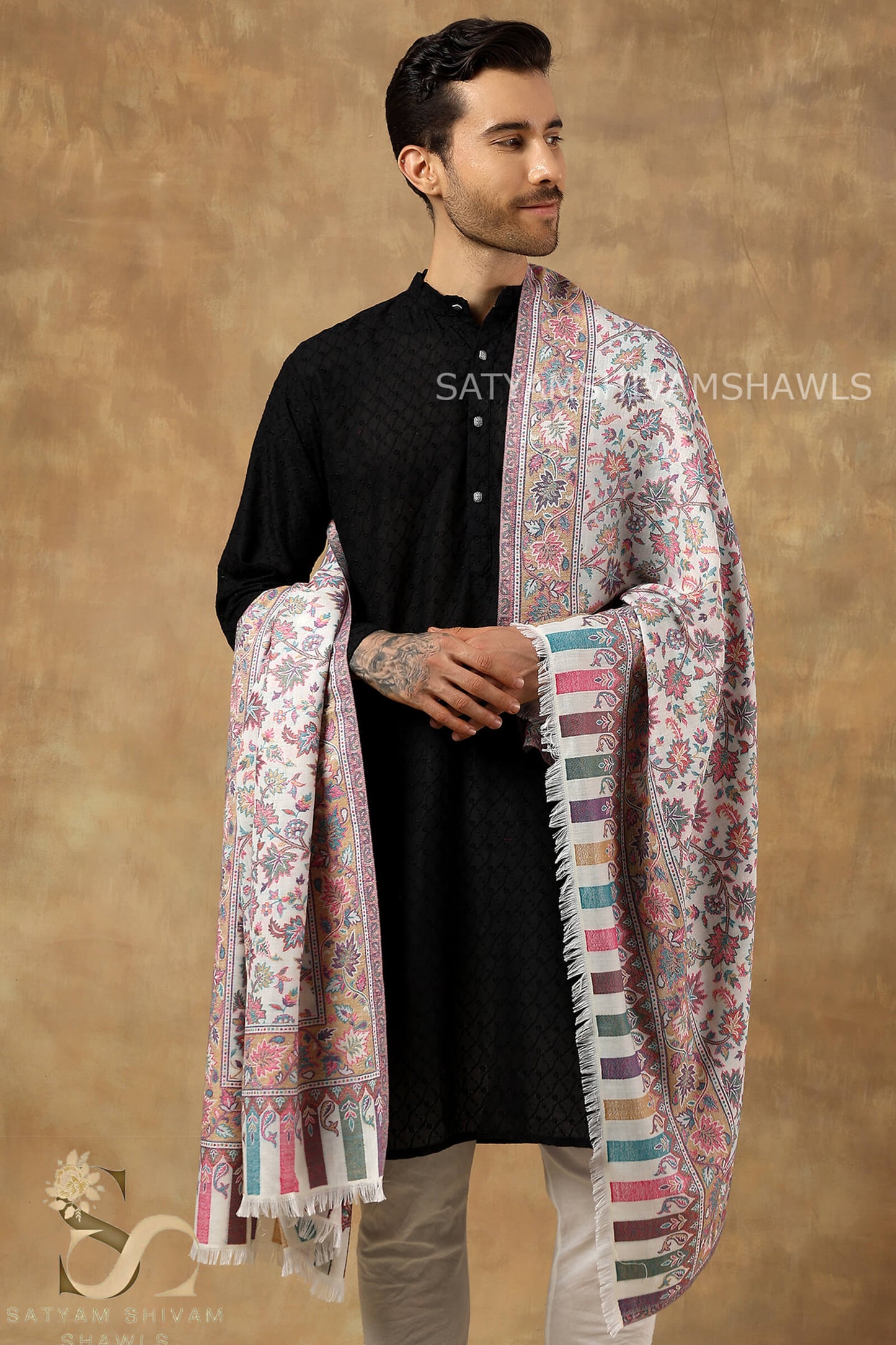 MENS ETHNIC KASHMIRI CHINAR DESIGN KANI  SHAWL, Light Weight, Soft And Warm, White