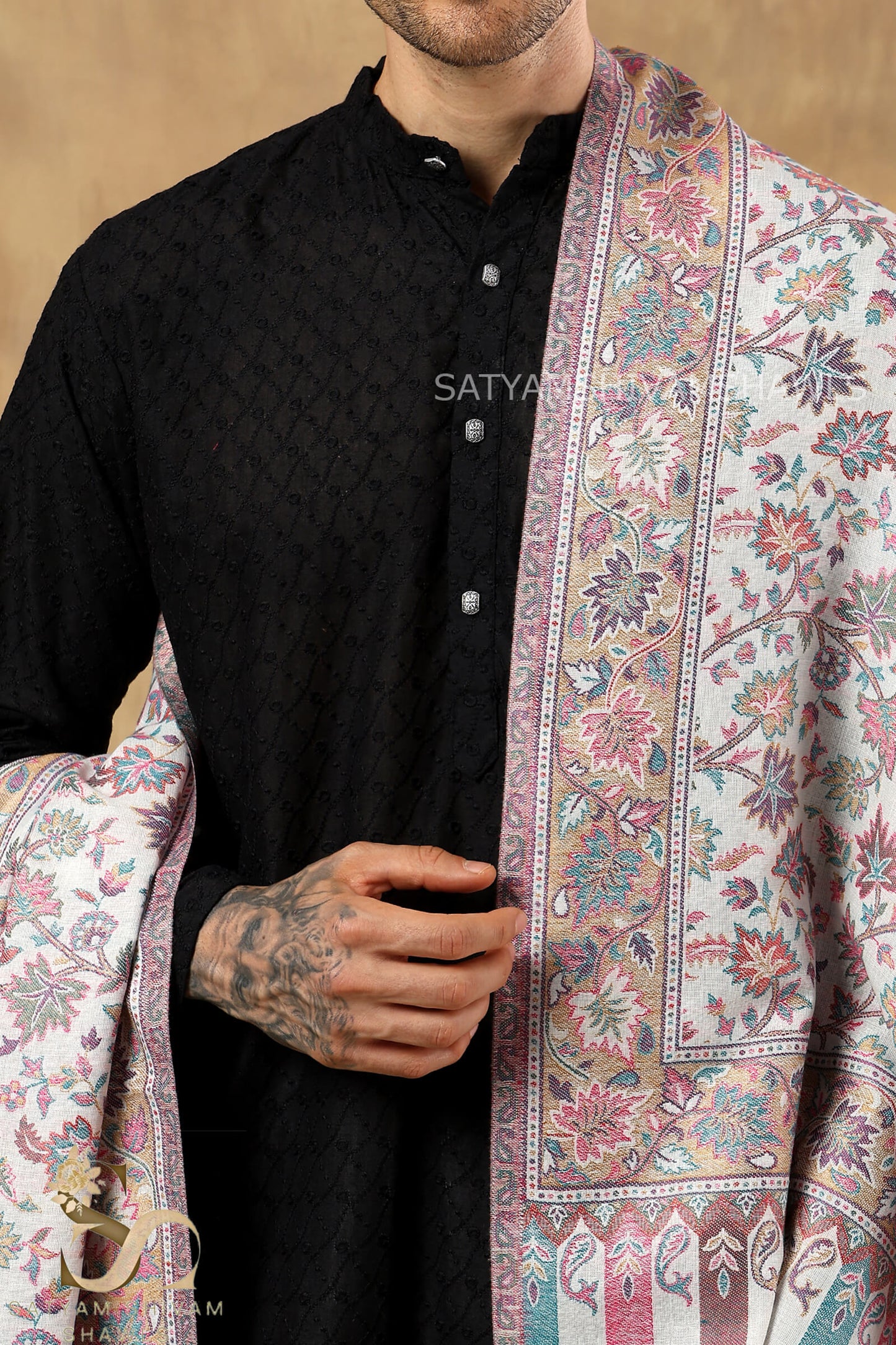 MENS ETHNIC KASHMIRI CHINAR DESIGN KANI  SHAWL, Light Weight, Soft And Warm, White
