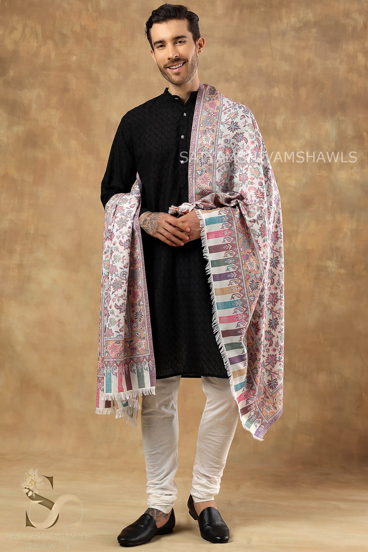 MENS ETHNIC KASHMIRI CHINAR DESIGN KANI  SHAWL, Light Weight, Soft And Warm, White