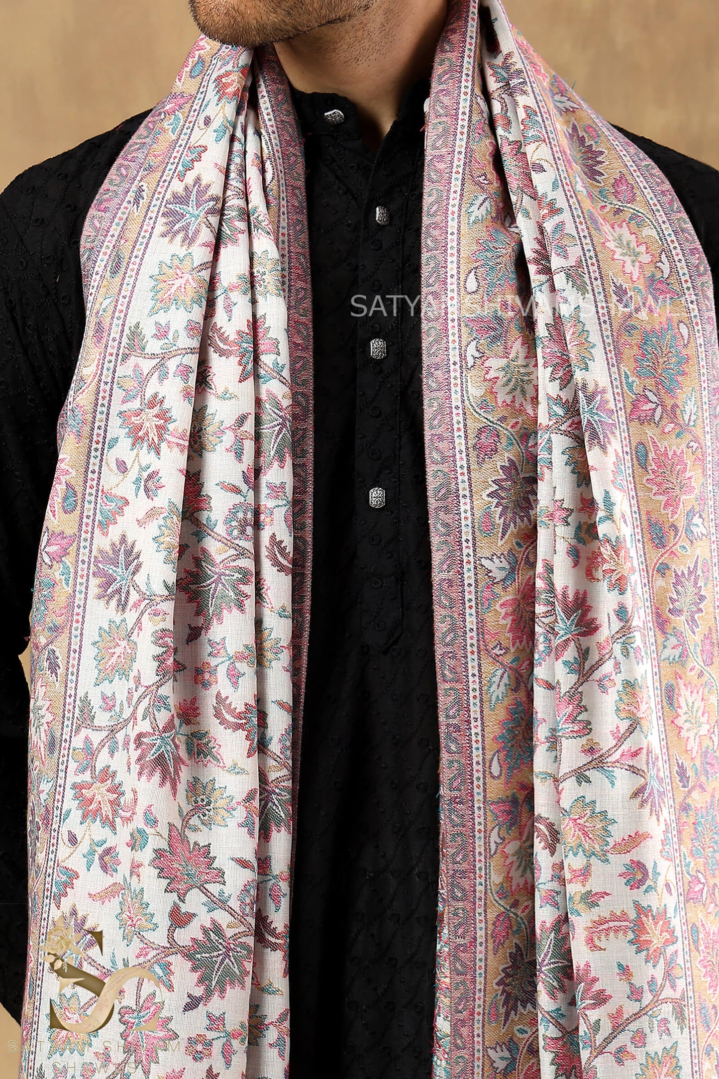 MENS ETHNIC KASHMIRI CHINAR DESIGN KANI  SHAWL, Light Weight, Soft And Warm, White