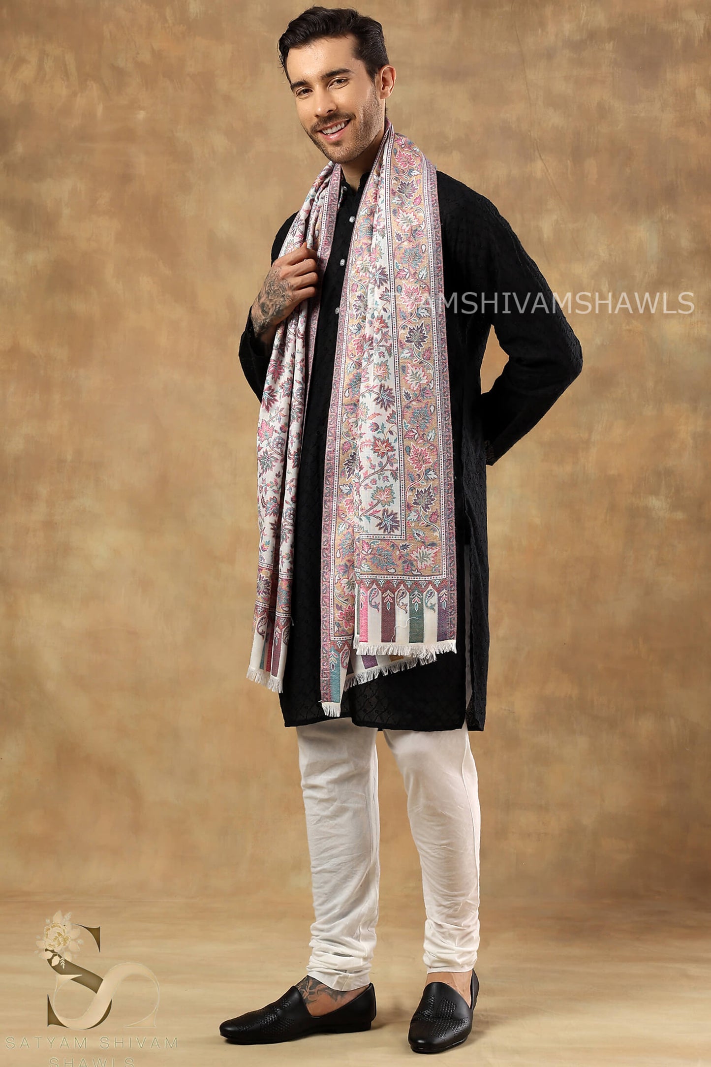 MENS ETHNIC KASHMIRI CHINAR DESIGN KANI  SHAWL, Light Weight, Soft And Warm, White