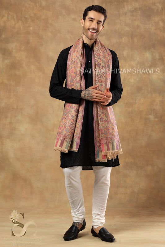 MENS ETHNIC KASHMIRI CHINAR DESIGN KANI  SHAWL, Light Weight, Soft And Warm, BEIGE