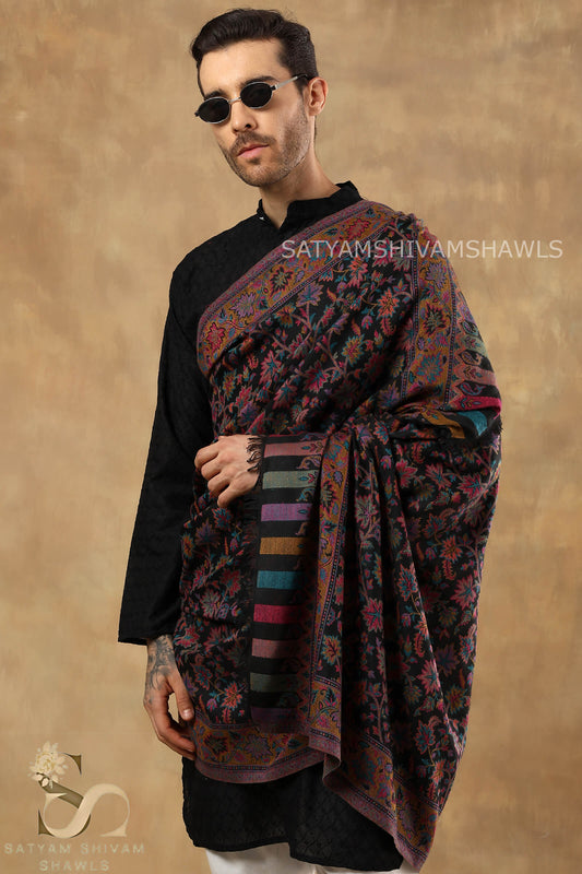 MENS ETHNIC KASHMIRI CHINAR DESIGN KANI  SHAWL, Light Weight, Soft And Warm, BLACK