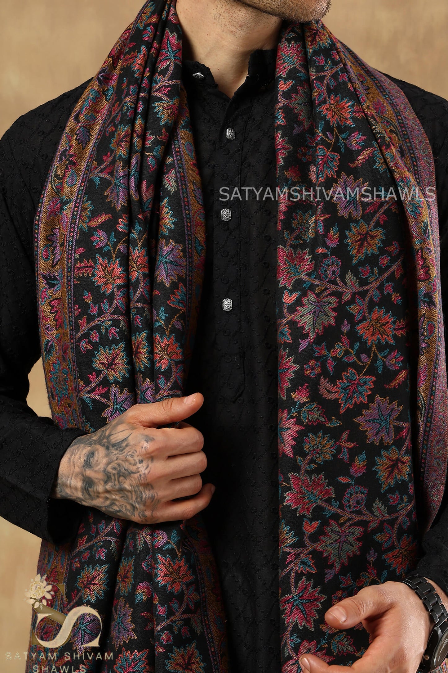 MENS ETHNIC KASHMIRI CHINAR DESIGN KANI  SHAWL, Light Weight, Soft And Warm, BLACK
