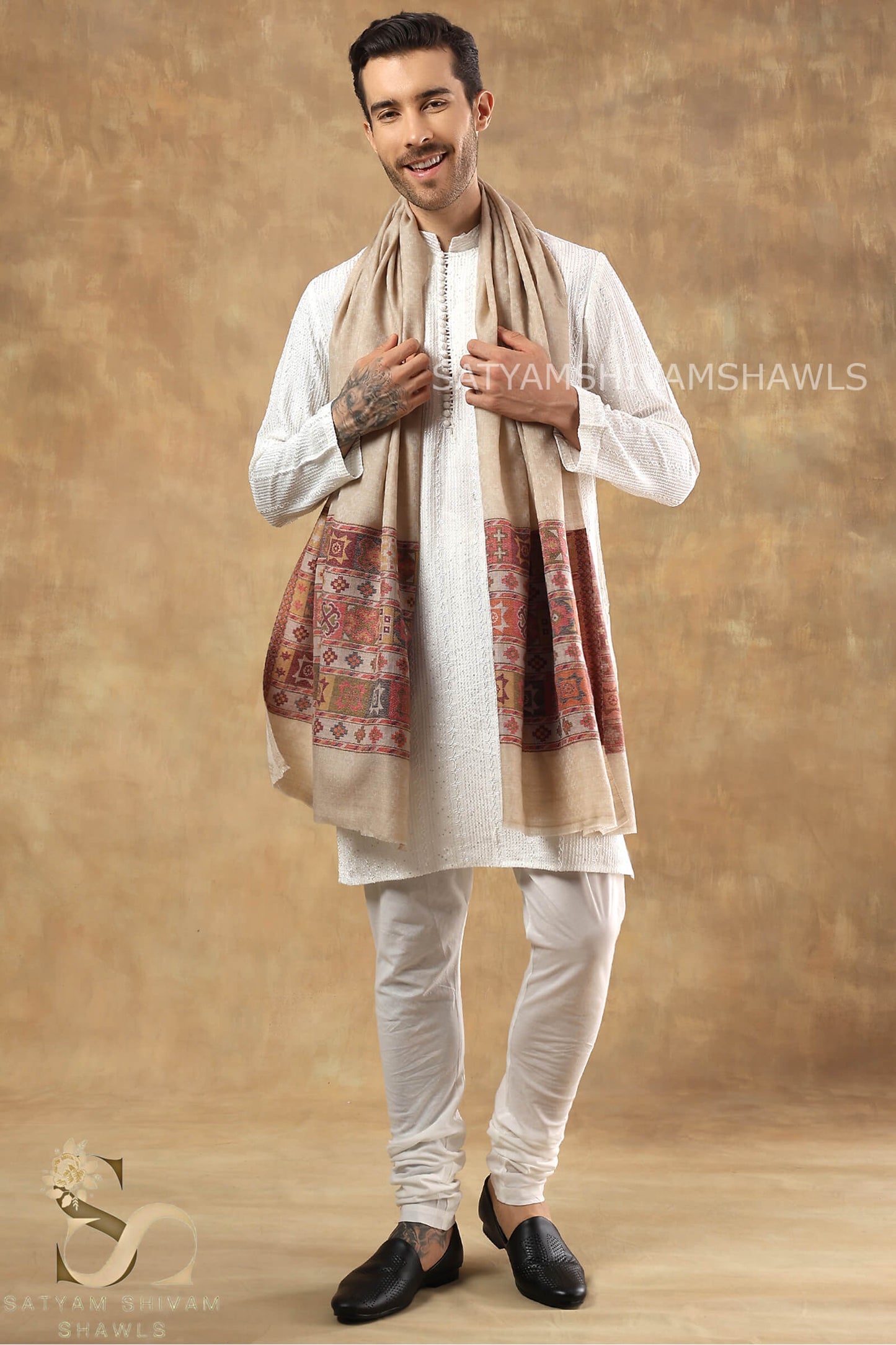 LUXURY PASHMINA KULLU DESIGN WOVEN PALLA  MENS STOLE ,SKIN