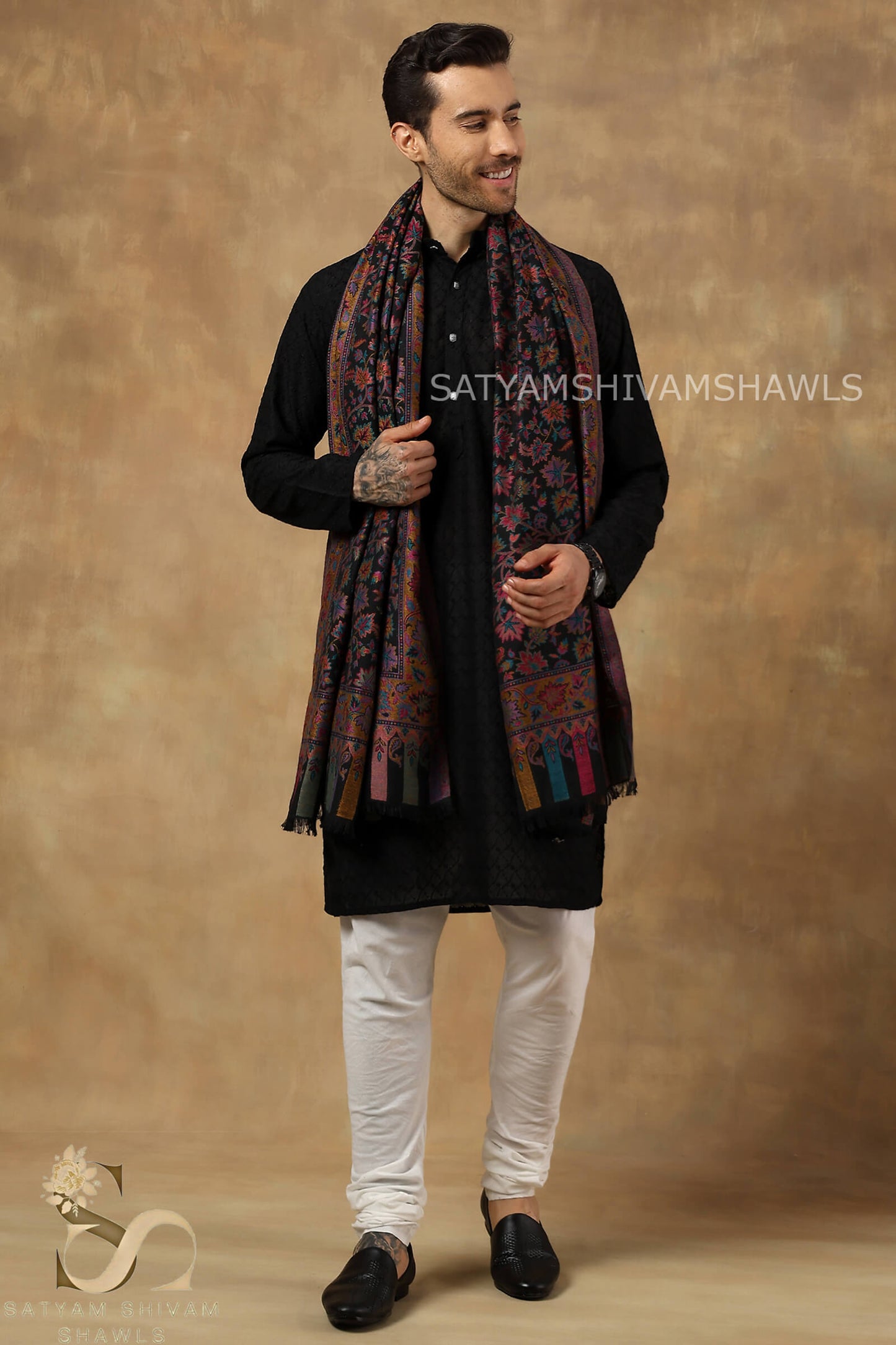 MENS ETHNIC KASHMIRI CHINAR DESIGN KANI  SHAWL, Light Weight, Soft And Warm, BLACK