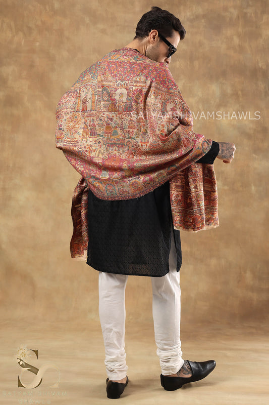 "SHAAN -E-DARBAR" THEME KANI  PASHMINA BLEND WOOL SHAWLS ,LIGHTWEIGHT AND WARM,BEIGE