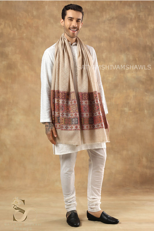 LUXURY PASHMINA KULLU DESIGN WOVEN PALLA  MENS STOLE ,SKIN