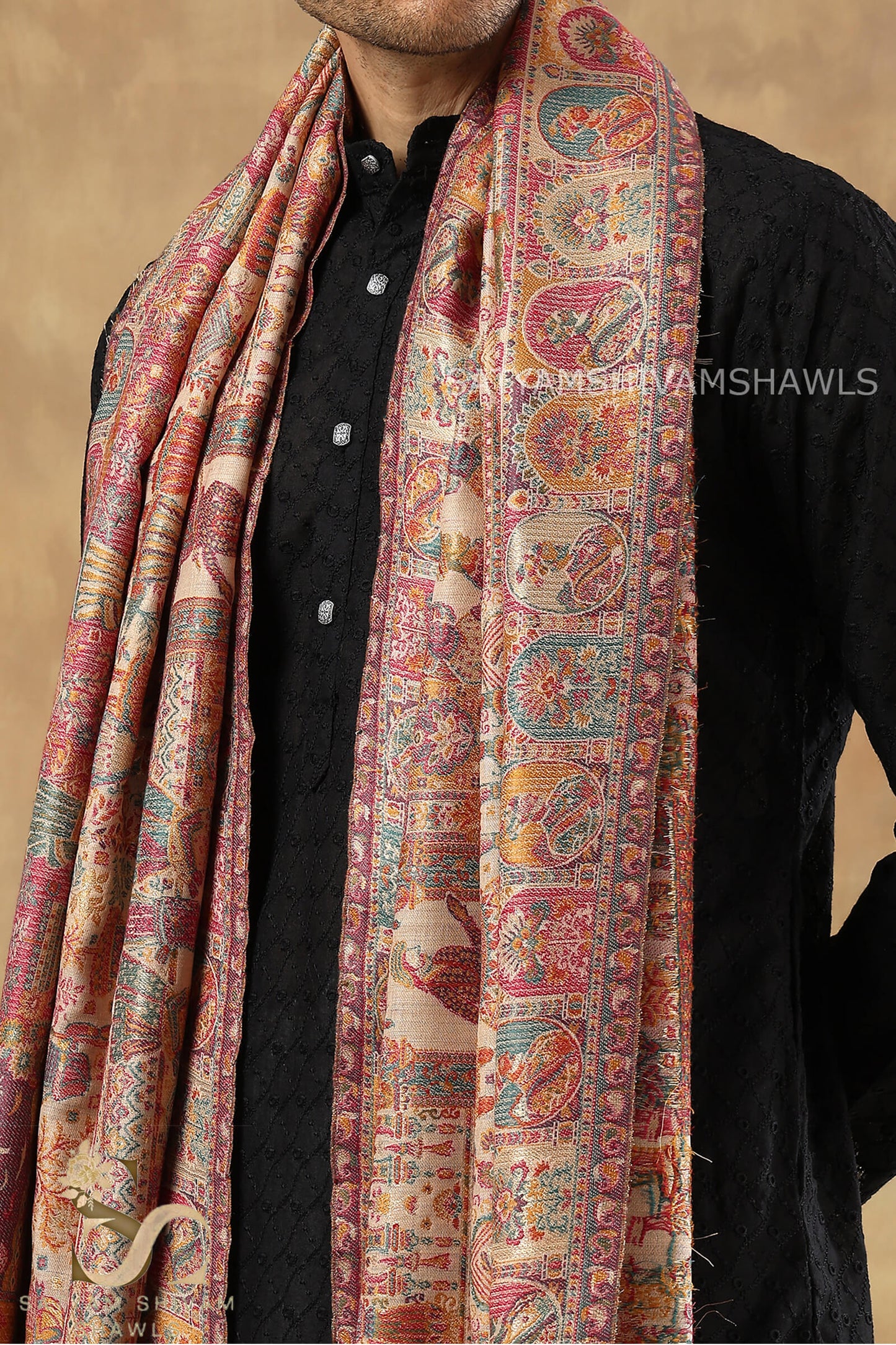 "SHAAN -E-DARBAR" THEME KANI  PASHMINA BLEND WOOL SHAWLS ,LIGHTWEIGHT AND WARM,BEIGE