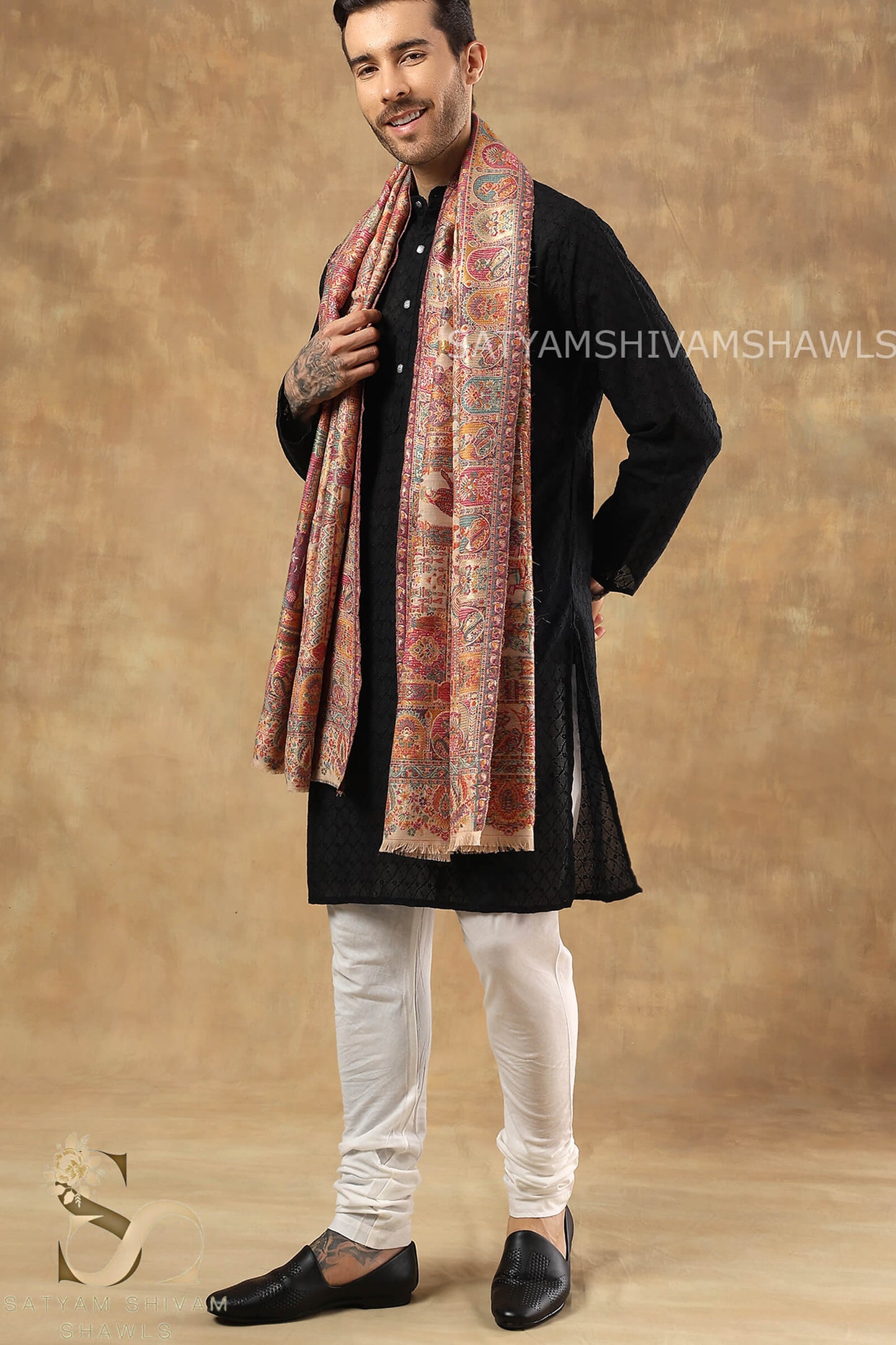 "SHAAN -E-DARBAR" THEME KANI  PASHMINA BLEND WOOL SHAWLS ,LIGHTWEIGHT AND WARM,BEIGE