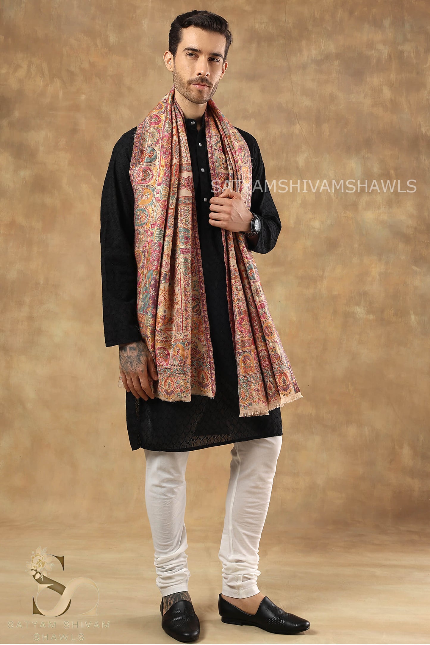 "SHAAN -E-DARBAR" THEME KANI  PASHMINA BLEND WOOL SHAWLS ,LIGHTWEIGHT AND WARM,BEIGE