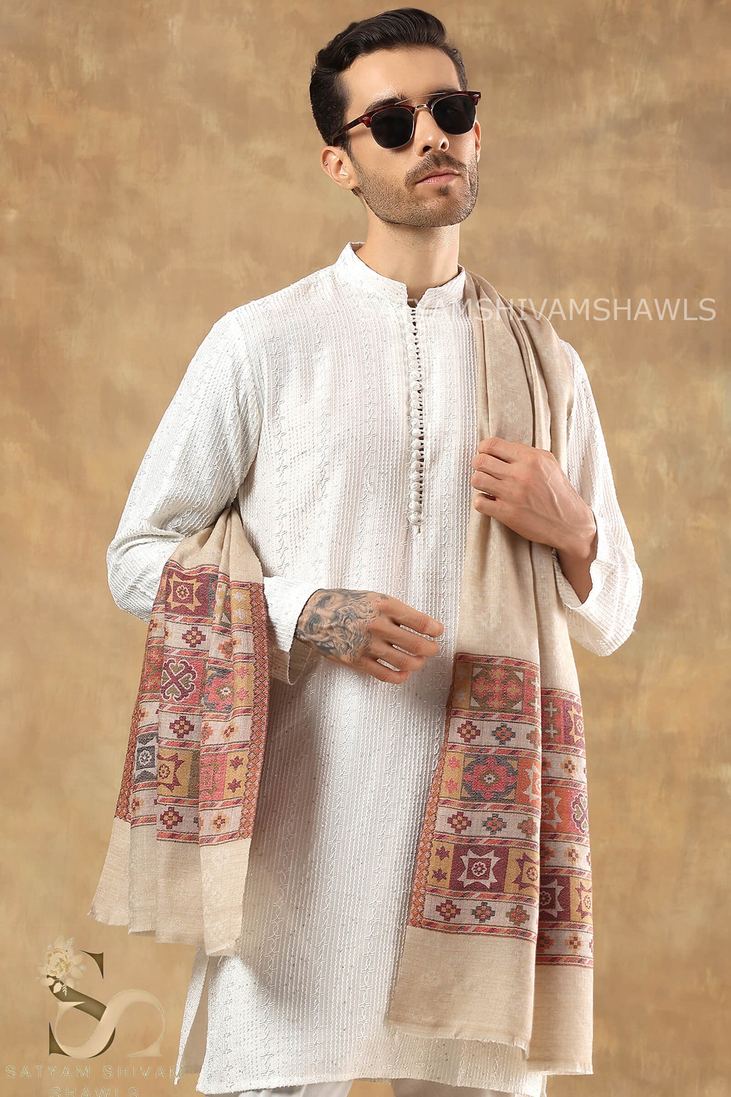 LUXURY PASHMINA KULLU DESIGN WOVEN PALLA  MENS STOLE ,SKIN