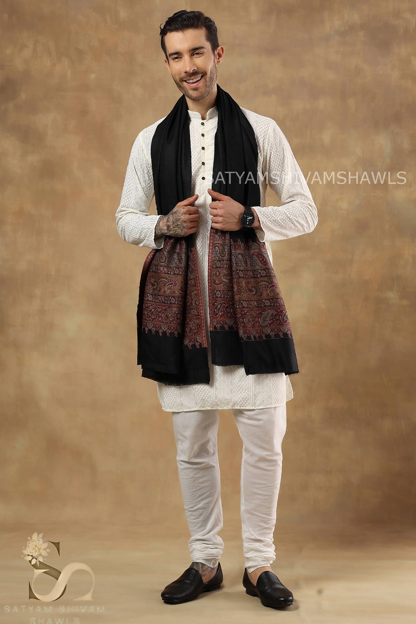 EXTRA FINE WOOL KASHMIRI PAISLEY PALLA  MENS STOLE, BLACK
