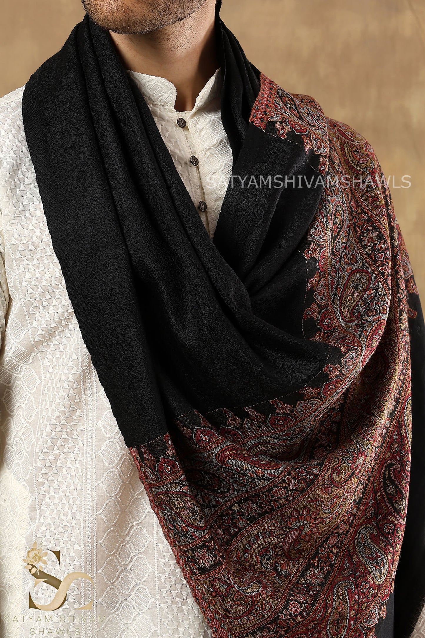 EXTRA FINE WOOL KASHMIRI PAISLEY PALLA  MENS STOLE, BLACK