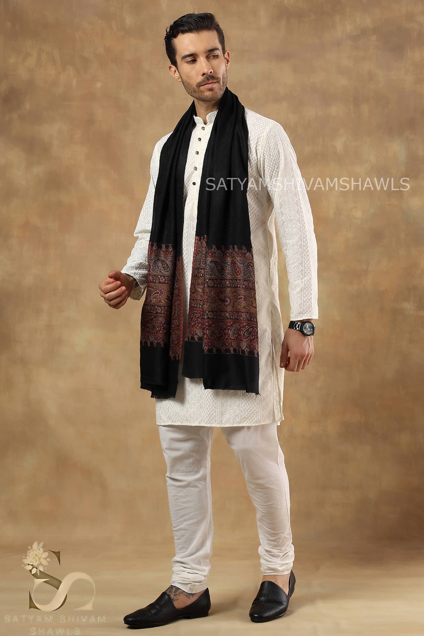 EXTRA FINE WOOL KASHMIRI PAISLEY PALLA  MENS STOLE, BLACK