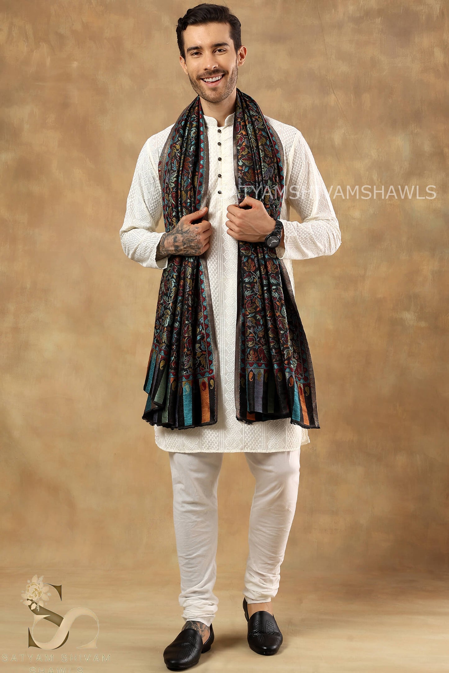 CHINAR KASHMIRI MULTY COLOUR COMBINATION SILK PASHMINA MENS SHAWLS,MULTY BLACK