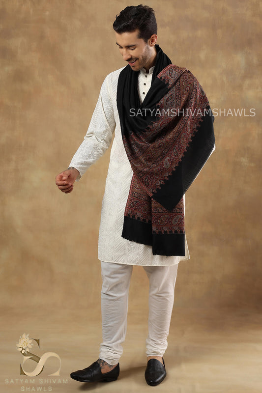 EXTRA FINE WOOL KASHMIRI PAISLEY PALLA  MENS STOLE, BLACK