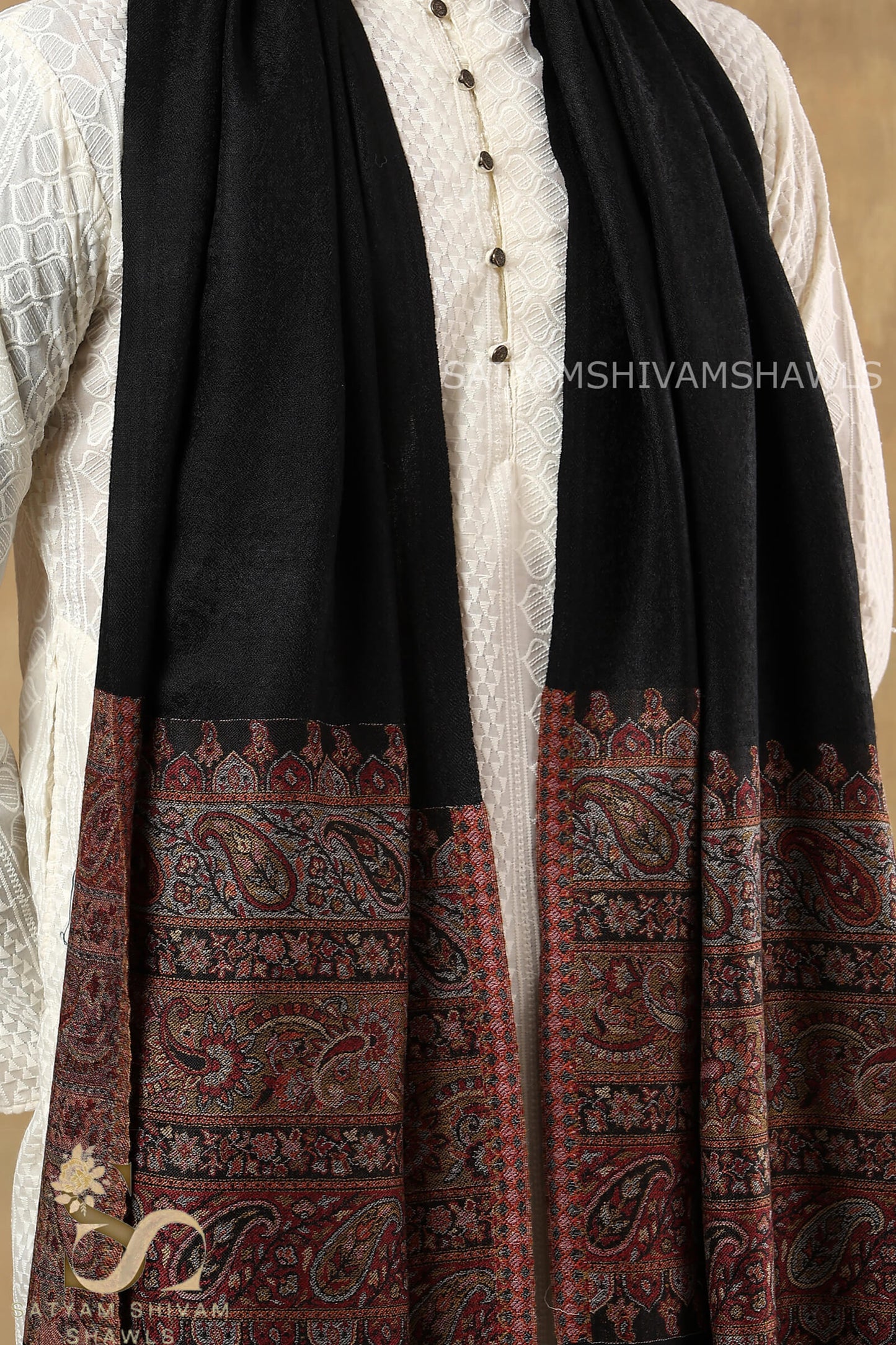 EXTRA FINE WOOL KASHMIRI PAISLEY PALLA  MENS STOLE, BLACK