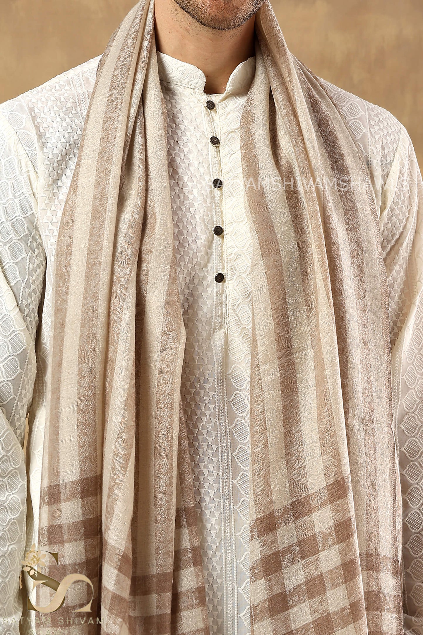 LUXURY PASHMINA SELF STRIPES WITH CHECK PALLA MENS STOLE, COLOR SKINISHCAMEL