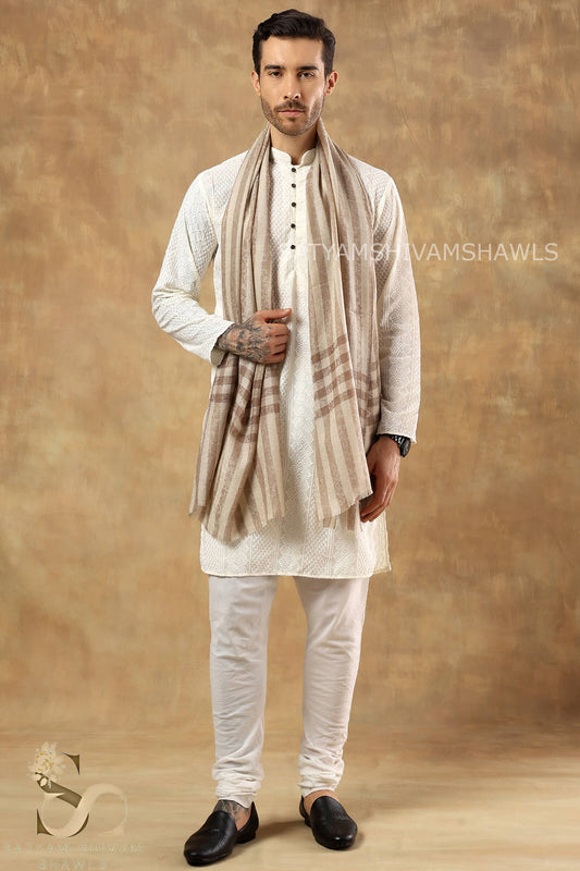 LUXURY PASHMINA SELF STRIPES WITH CHECK PALLA MENS STOLE, COLOR SKINISHCAMEL