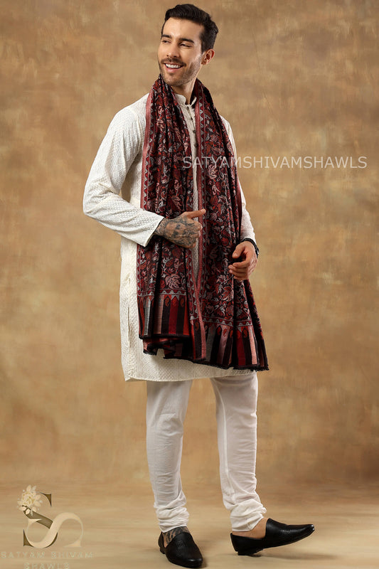 CHINAR KASHMIRI VINTAGE COLOUR COMBINATION SILK PASHMINA MENS SHAWLS,VINTAGE BLACK