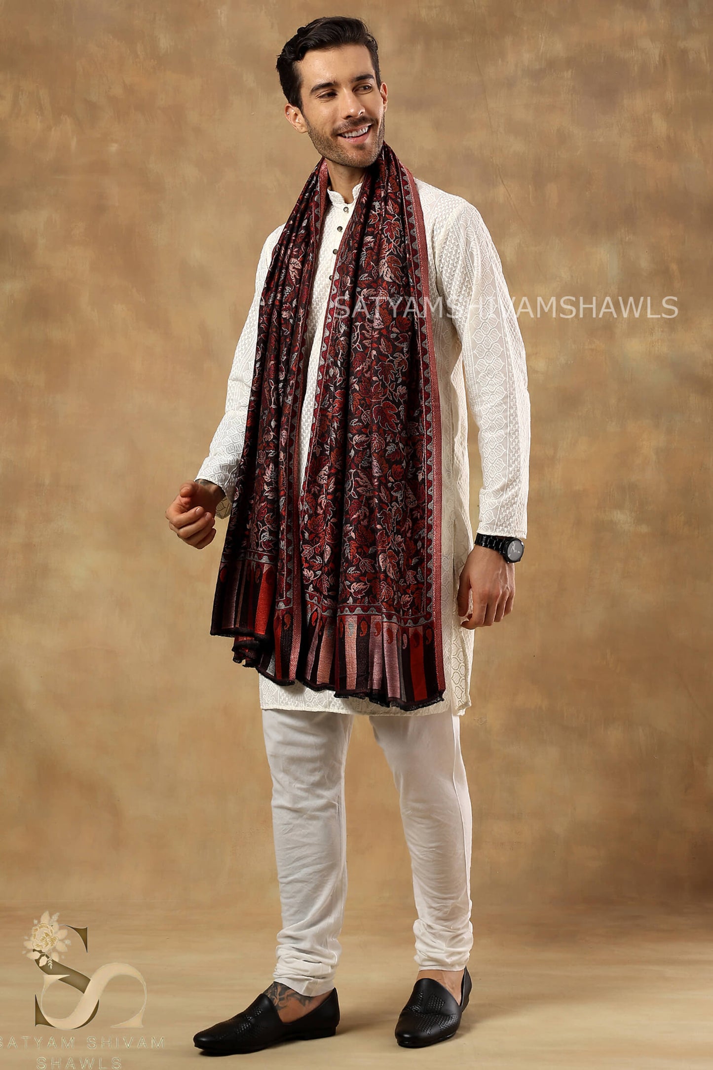 CHINAR KASHMIRI VINTAGE COLOUR COMBINATION SILK PASHMINA MENS SHAWLS,VINTAGE BLACK