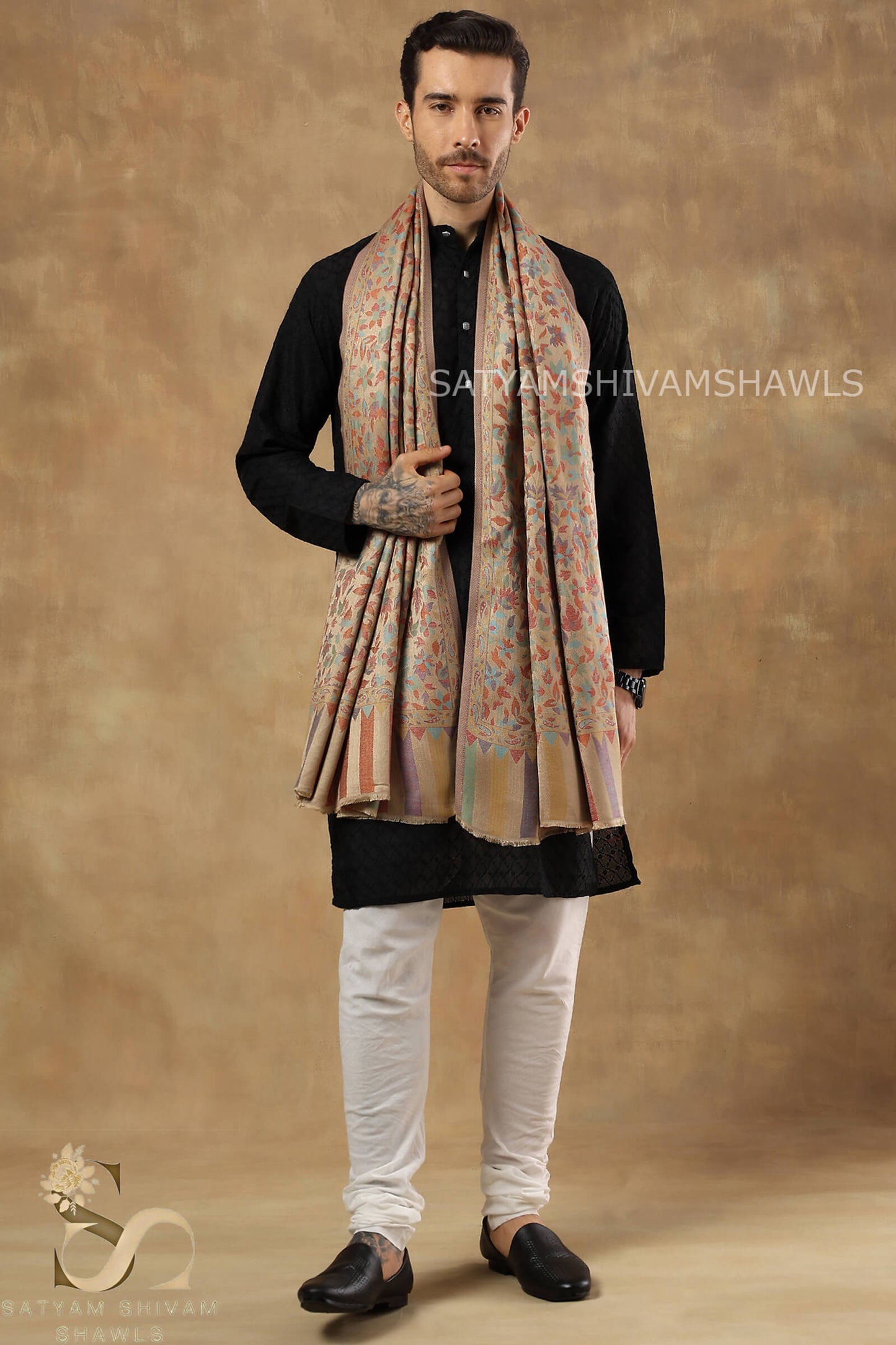 NAAQSH-E-KANI JAMAWAR SILK PASHMINA MENS SHAWLS,BEIGE GOLDEN