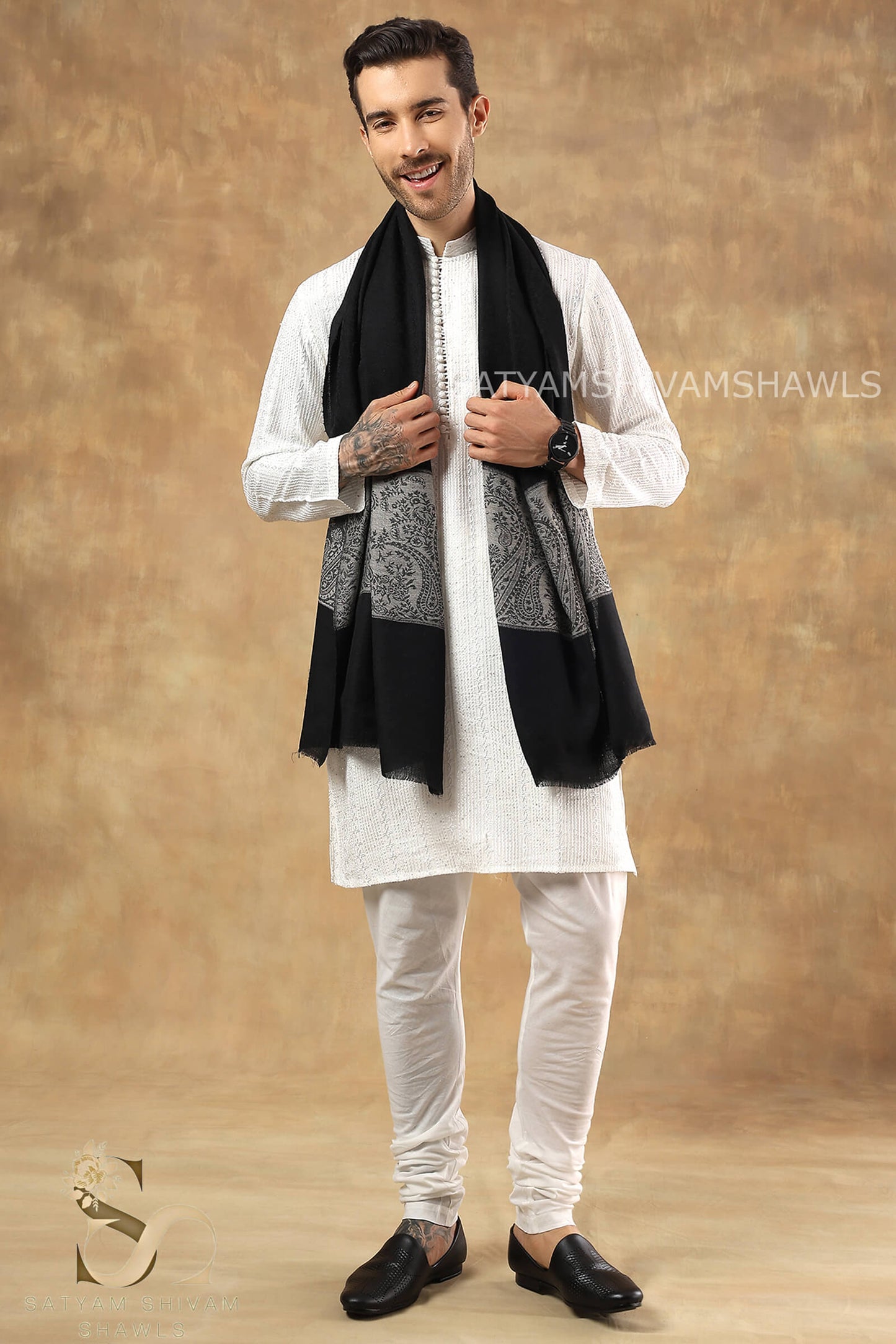 KASHMIRI BLACK  SELF WITH ROYAL SKIN PALLA LUXURY PASHMINA STOLE ,MENS