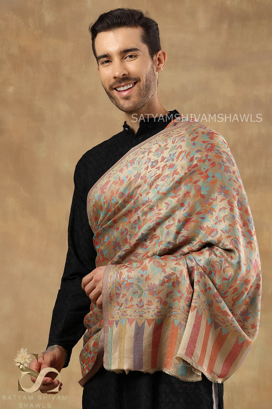 NAAQSH-E-KANI JAMAWAR SILK PASHMINA MENS SHAWLS,BEIGE GOLDEN