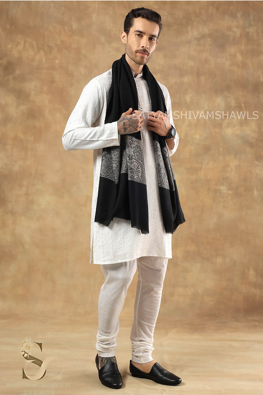 KASHMIRI BLACK  SELF WITH ROYAL SKIN PALLA LUXURY PASHMINA STOLE ,MENS