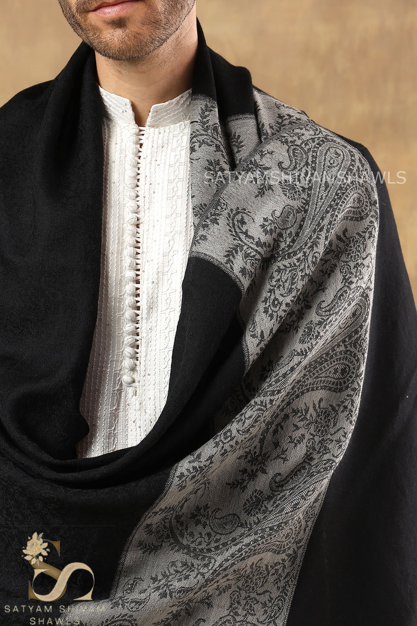KASHMIRI BLACK  SELF WITH ROYAL SKIN PALLA LUXURY PASHMINA STOLE ,MENS