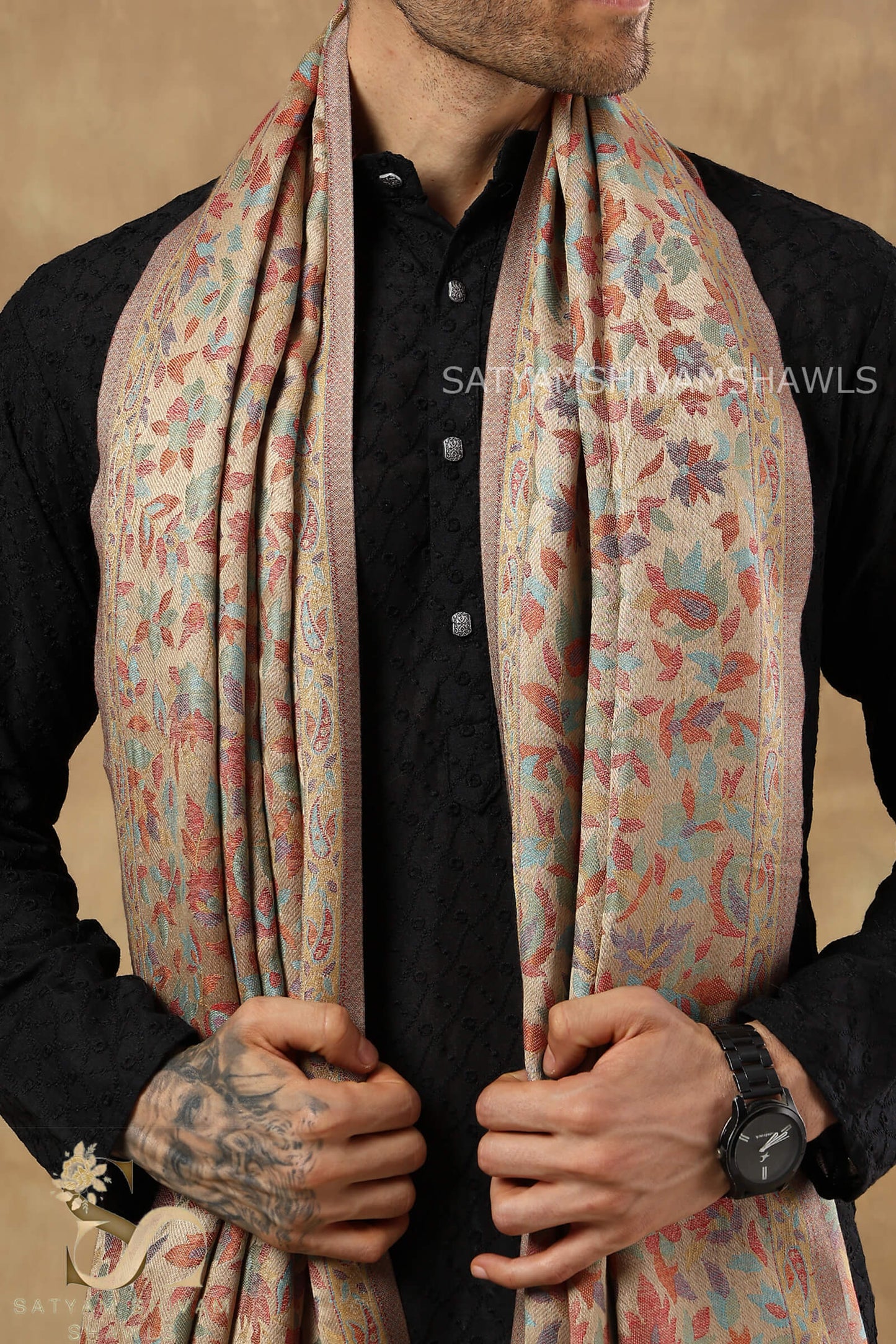 NAAQSH-E-KANI JAMAWAR SILK PASHMINA MENS SHAWLS,BEIGE GOLDEN