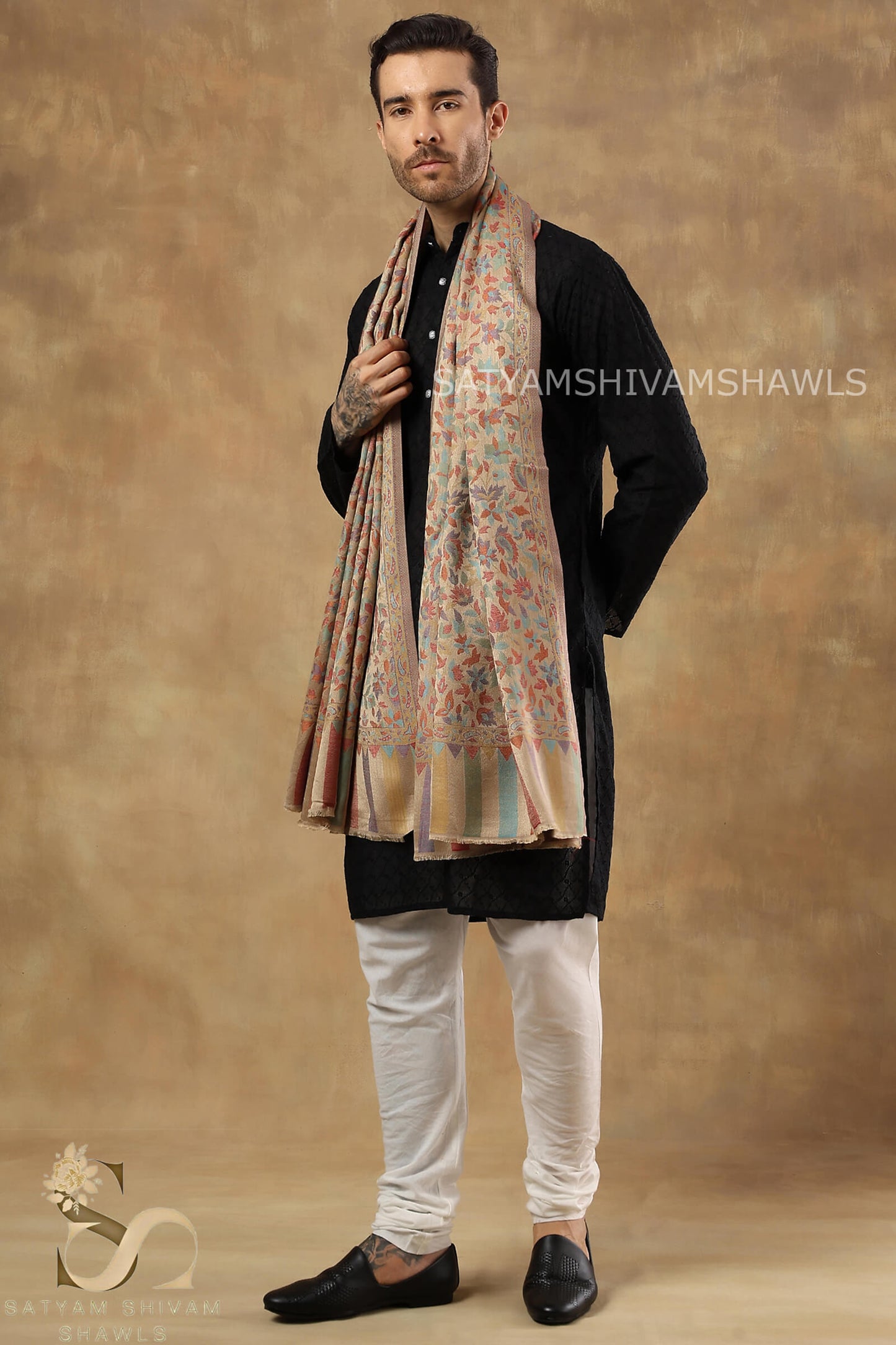 NAAQSH-E-KANI JAMAWAR SILK PASHMINA MENS SHAWLS,BEIGE GOLDEN