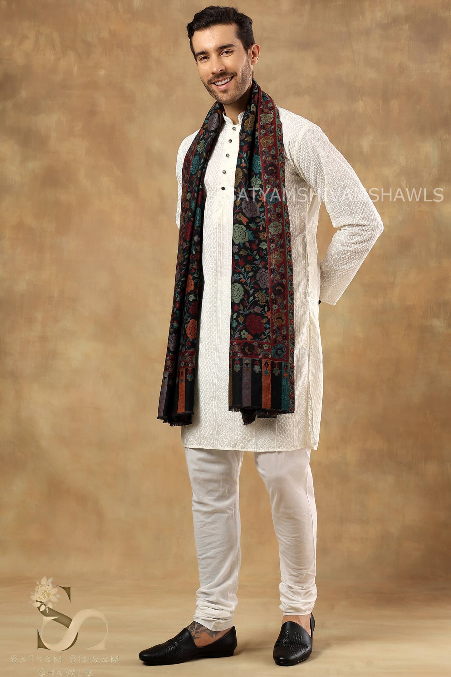 ARABIC ROSE KANI WOVEN LUXURY PASHMINA MENS STOLE,BLACK