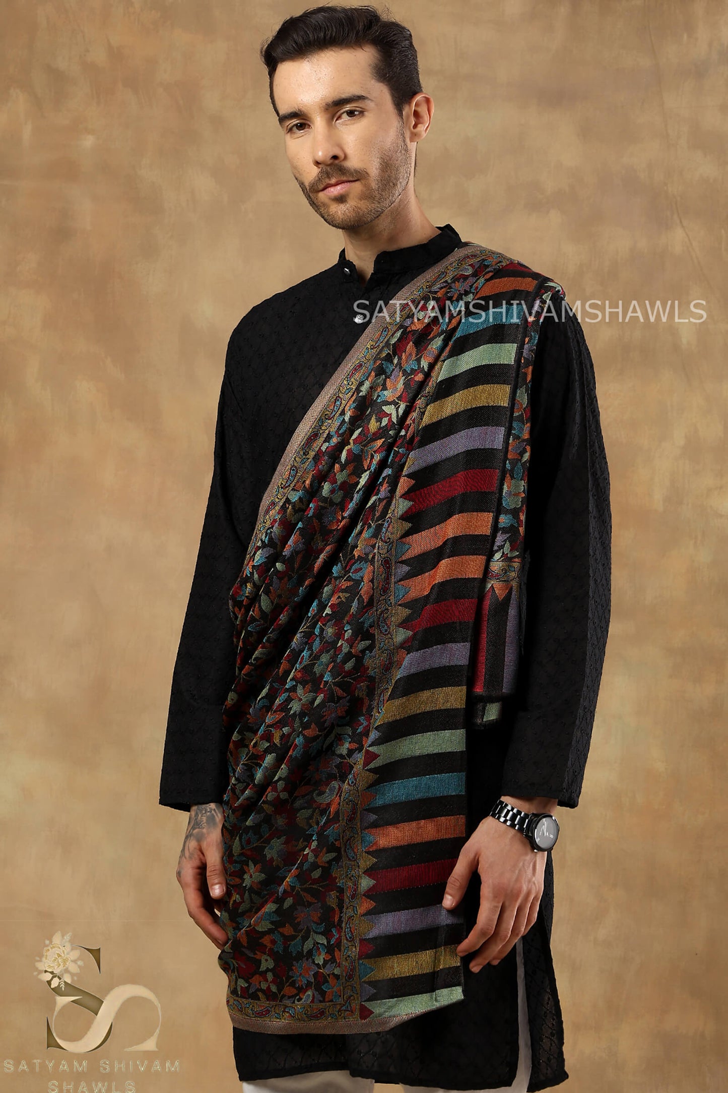 NAAQSH-E-KANI JAMAWAR SILK PASHMINA MENS SHAWLS,BLACK