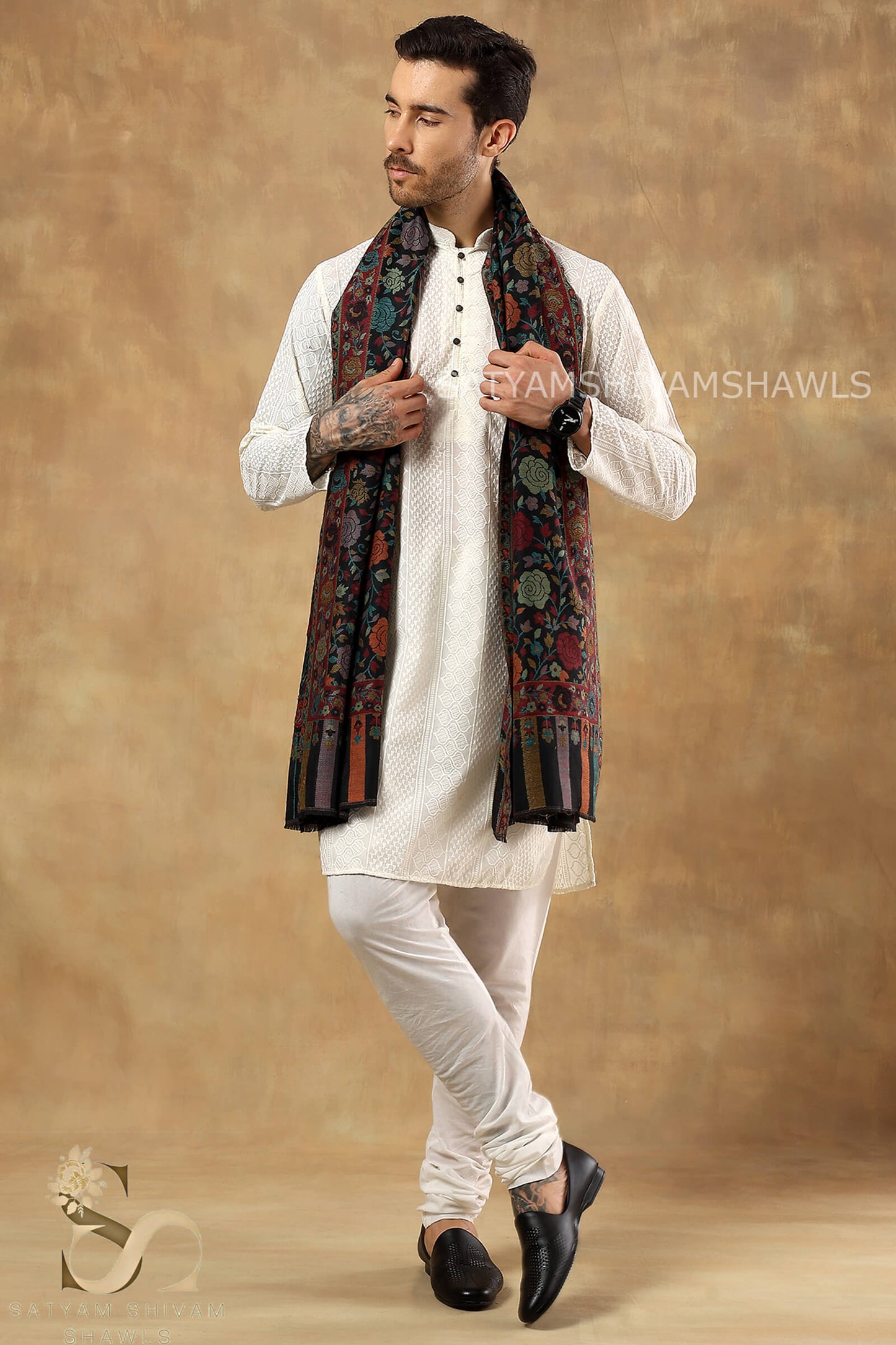 ARABIC ROSE KANI WOVEN LUXURY PASHMINA MENS STOLE,BLACK