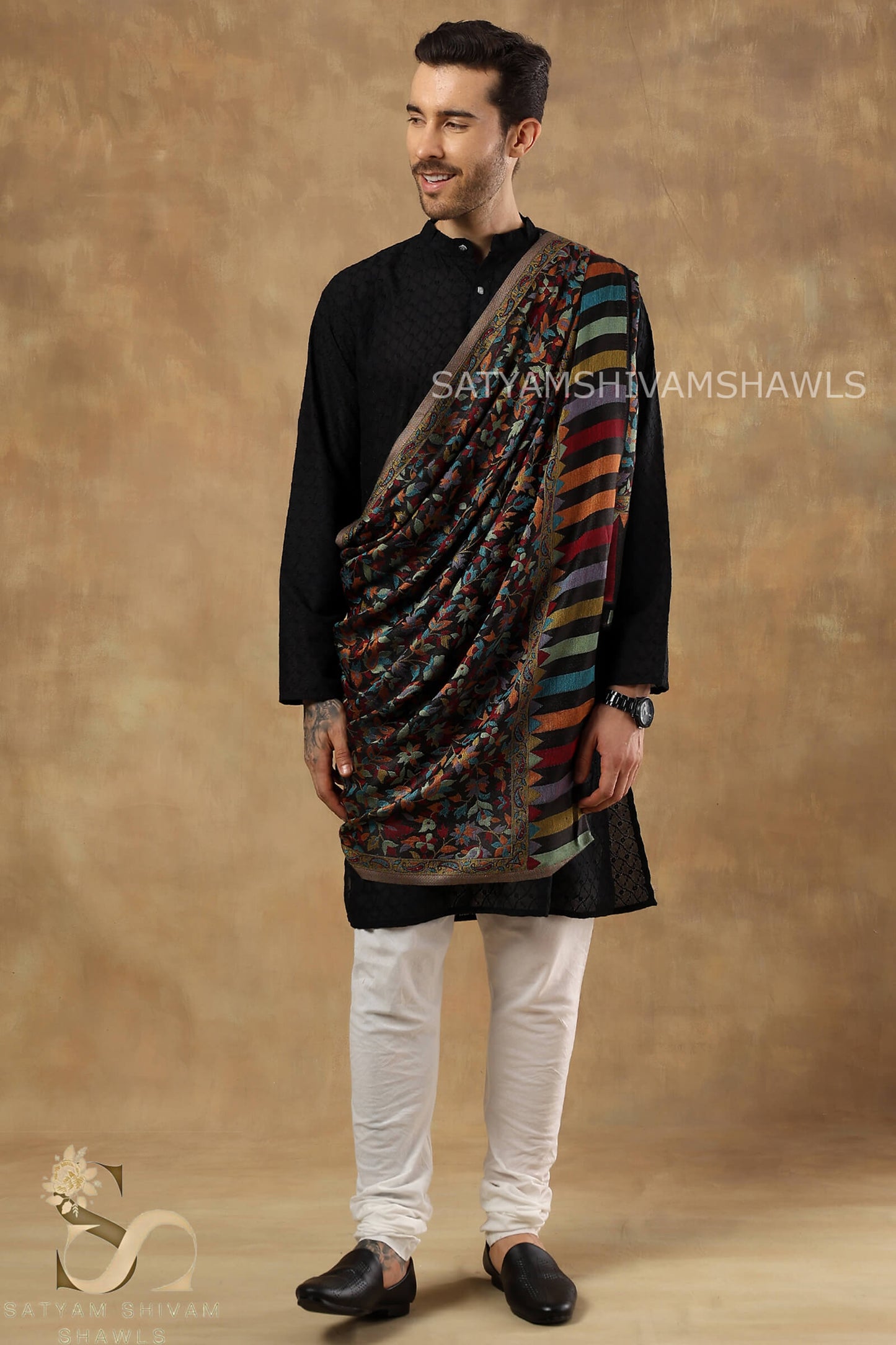 NAAQSH-E-KANI JAMAWAR SILK PASHMINA MENS SHAWLS,BLACK
