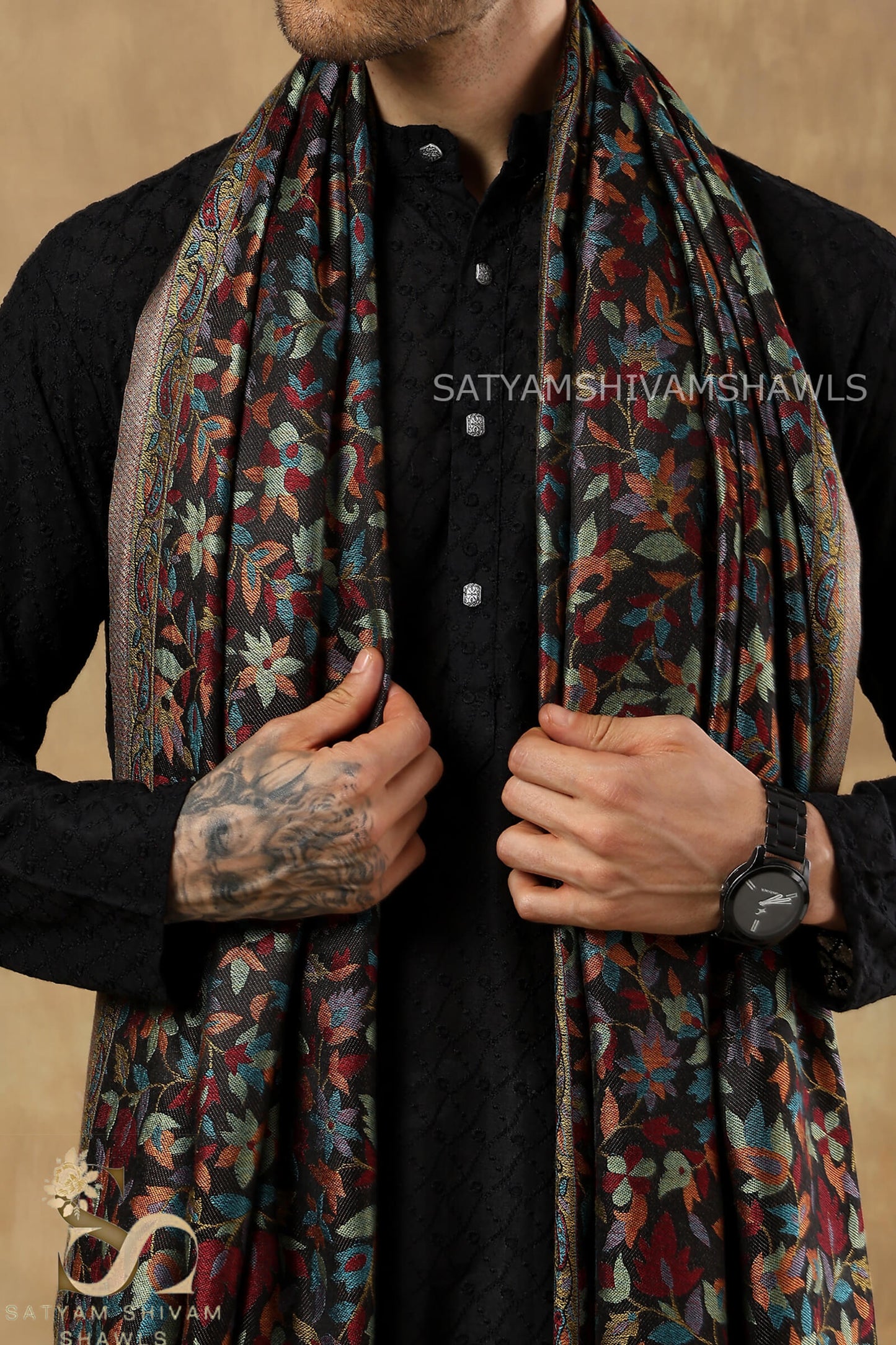 NAAQSH-E-KANI JAMAWAR SILK PASHMINA MENS SHAWLS,BLACK