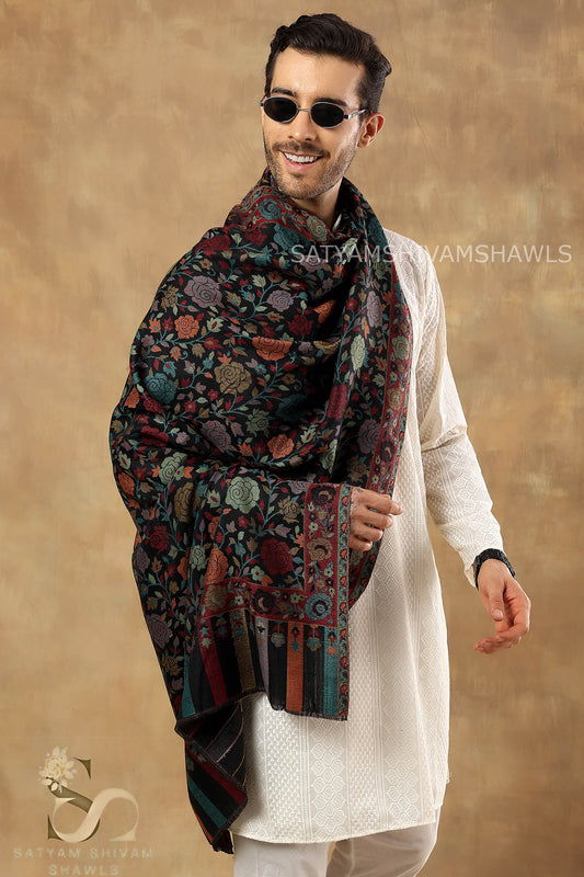ARABIC ROSE KANI WOVEN LUXURY PASHMINA MENS STOLE,BLACK